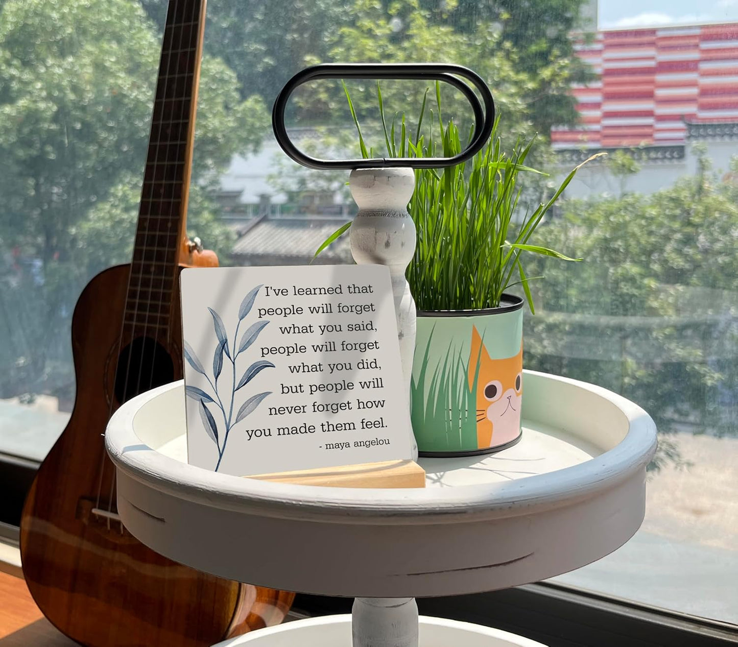 Primitive Wooden Sign, I've Learned that... People Will Never Forget How You Made Them Feel, Desk Plaque with Wooden Stand 4 x 4.3 inches, Maya Angelou Saying, Rustic Home Decor Farmhouse B