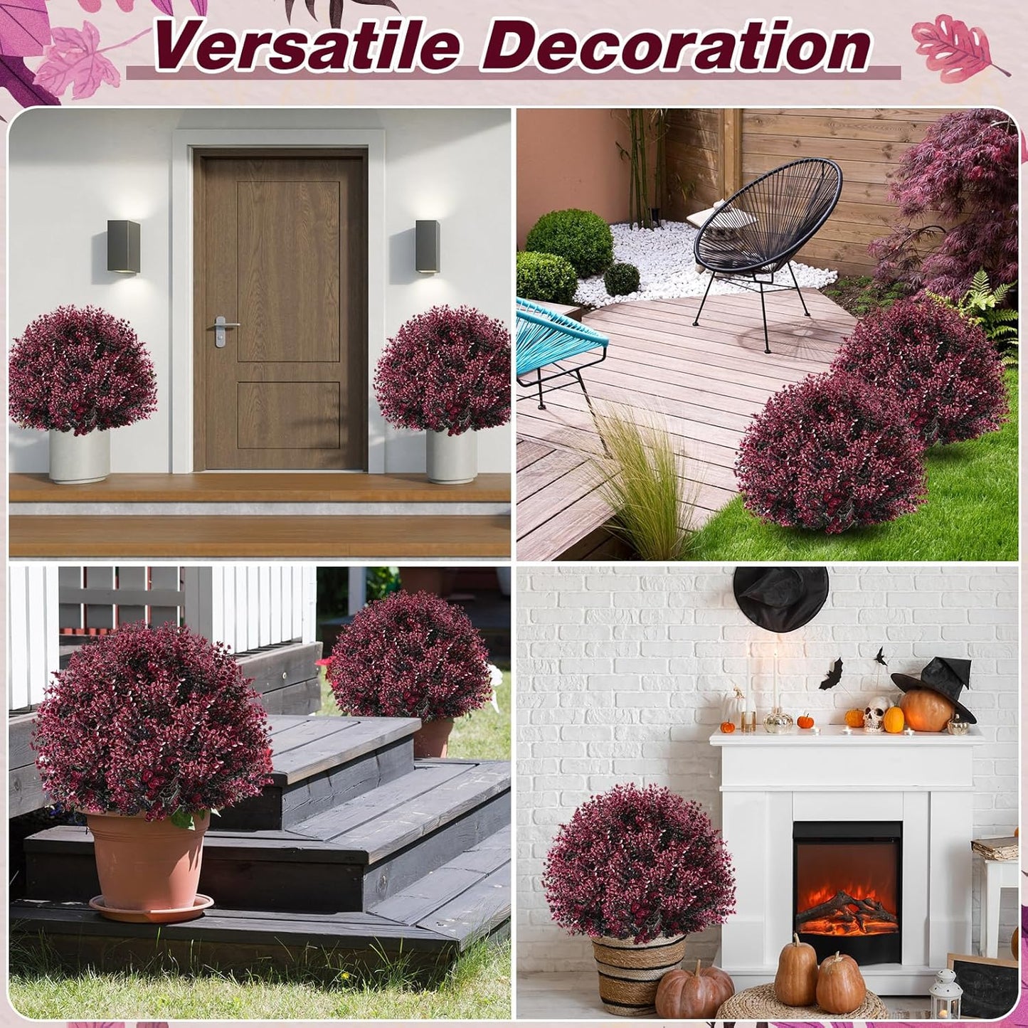 Yunlly 4 Pcs 18 Inch Artificial Boxwood Ball Topiary Tree Fake Outdoor Plants Bush, UV Resistance Faux Shrub with Spike Realistic Greenery Potted for Indoor Garden Yard Porch Patio Decor (Dark Purple)