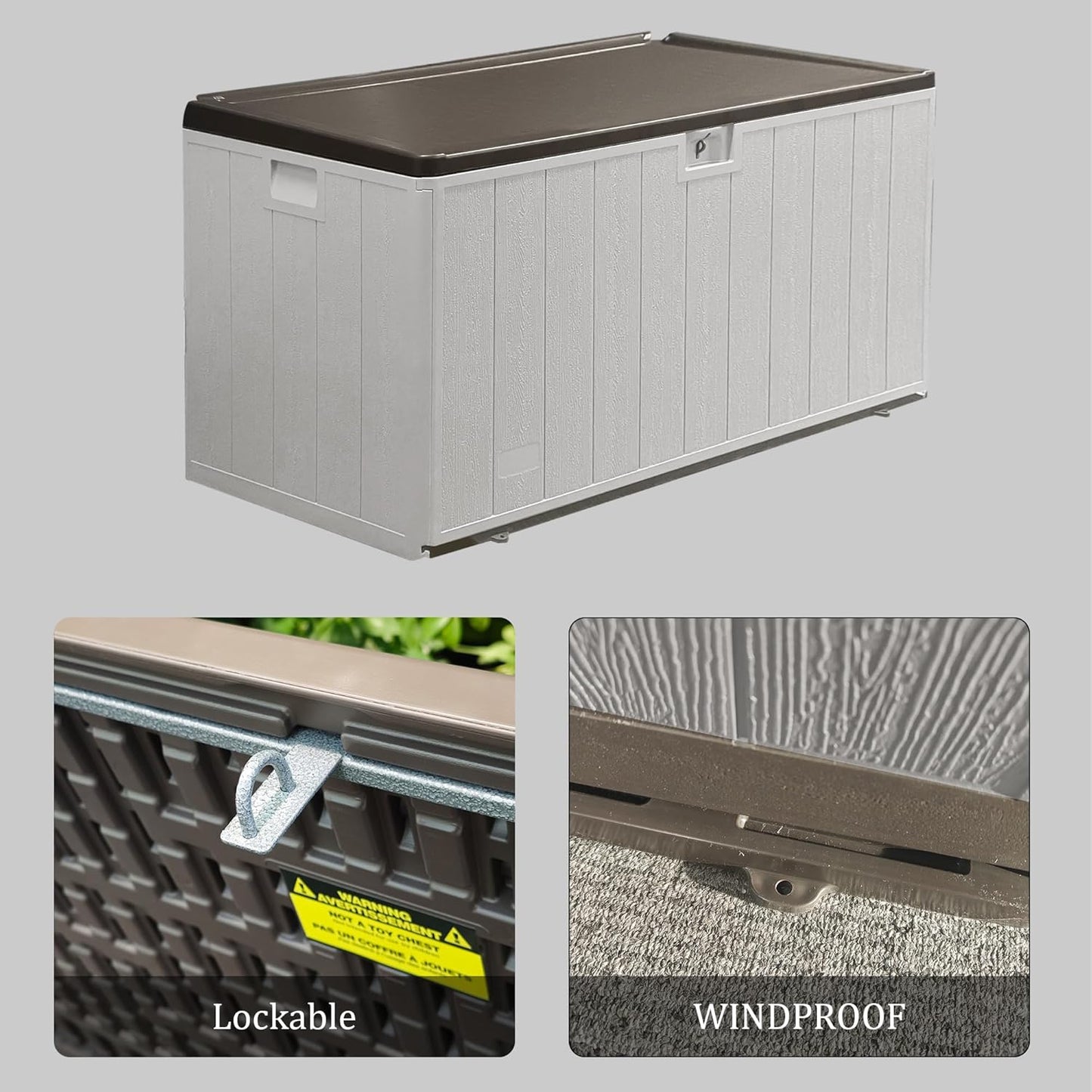 110 Gallon Pro Outdoor Storage Box Waterproof Lockable Deck Box Large, Patio Storage Bin for Pool Accessories Cushion Furniture, Garden Tools, UV-Resistant Outside Delivery, Grayish Brown