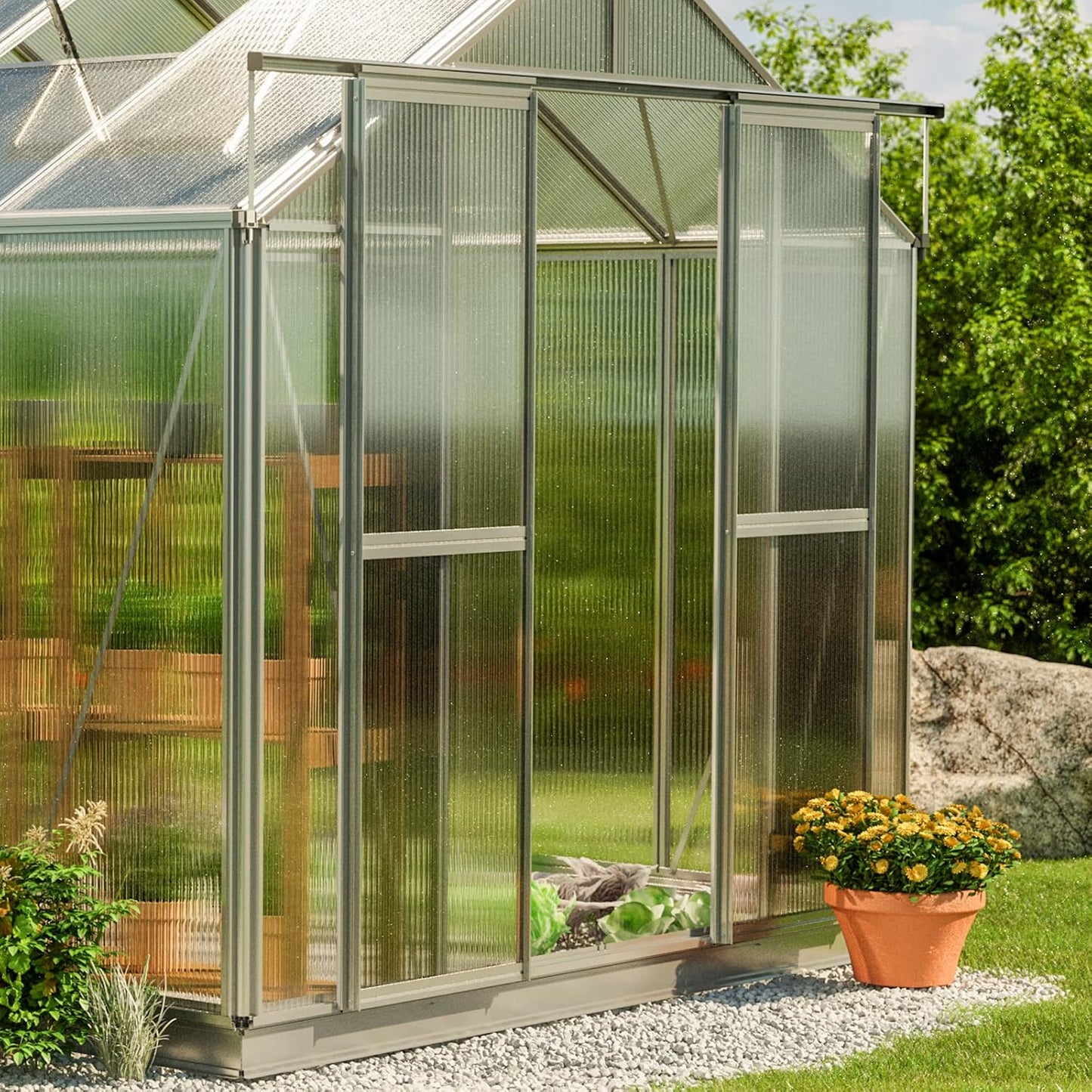 Greenhouse Saphir 4 Aluminum Frame 8.5 x 8.5 ft Approx. 6 mm Polycarbonate Panels - with Bonus Base Frame and Automatic Vent Opener