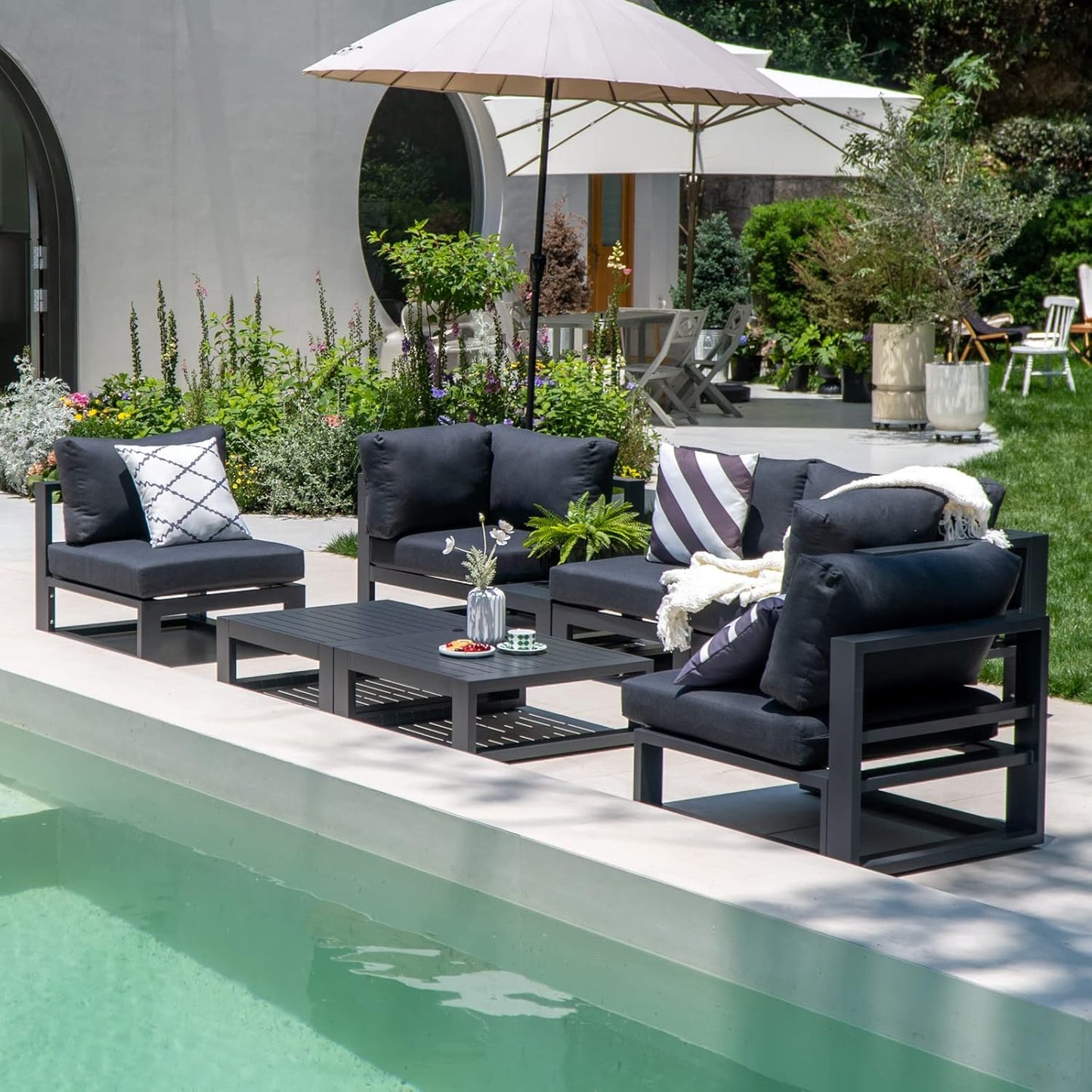 5 Pieces Outdoor Modular Sectional Set Aluminum Patio Conversation Sofa Sets, Armless Sofas with Dark Grey Cushions