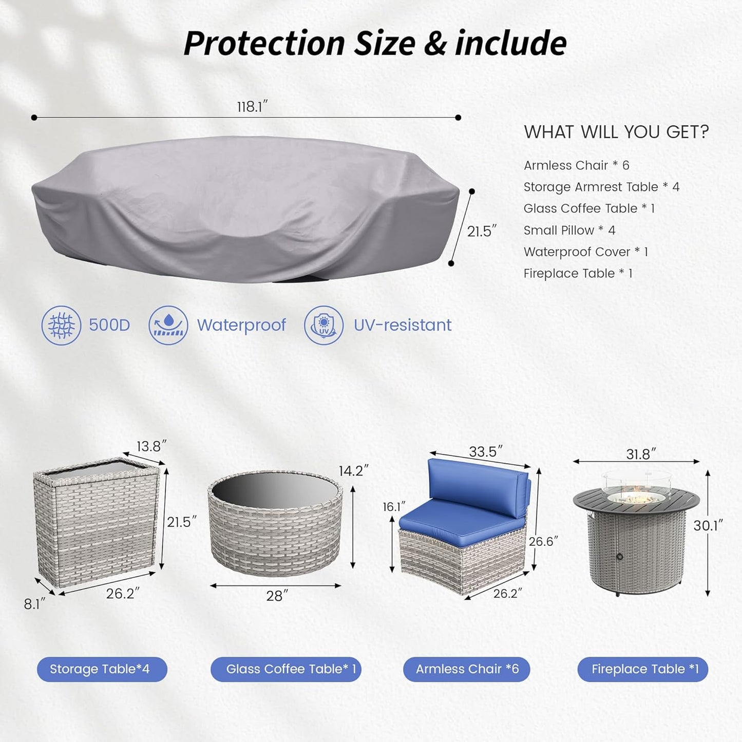 Patio Sectional Furniture Outdoor 12-Piece Grey Rattan Curved Sofa Set with Fire Pit Table,Storage Table,Pillows,Fit for Pool Backyard Balcony Porch Lawn (Navy)