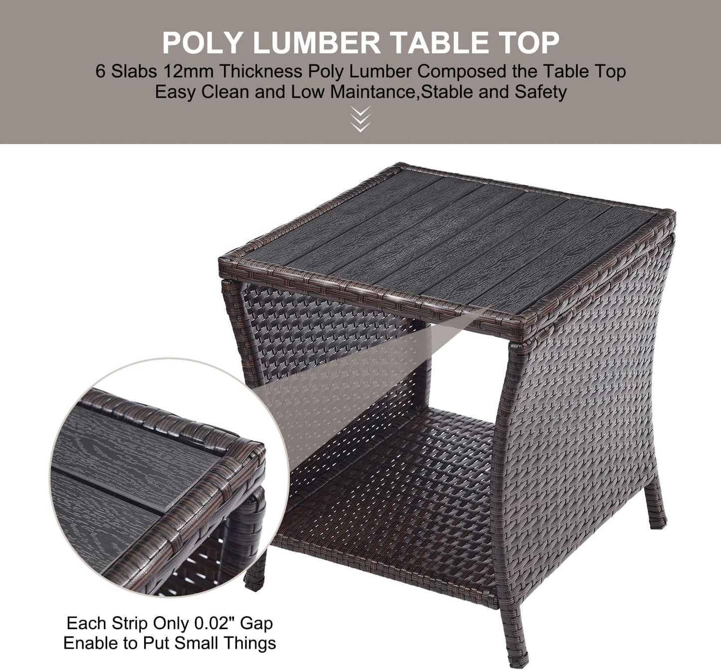 Outdoor Side Table for Patio Small Rattan Wicker Coffee Table Balcony Table Outside End Table with Poly Lumber Table Top & Storage Bistro Table for Garden Porch Deck Living Room Backyard Brown