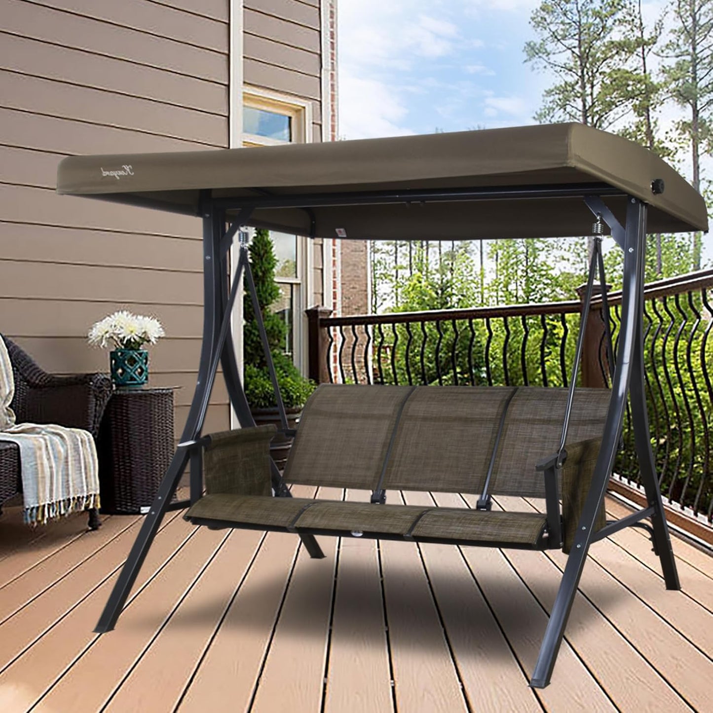 Kozyard Brenda 3-Seat Patio Swing Chair, Outdoor Porch Swing Glider with Adjustable Canopy, Side Pouches, Breathable Seat and Back, for Garden, Poolside, Backyard (Taupe)