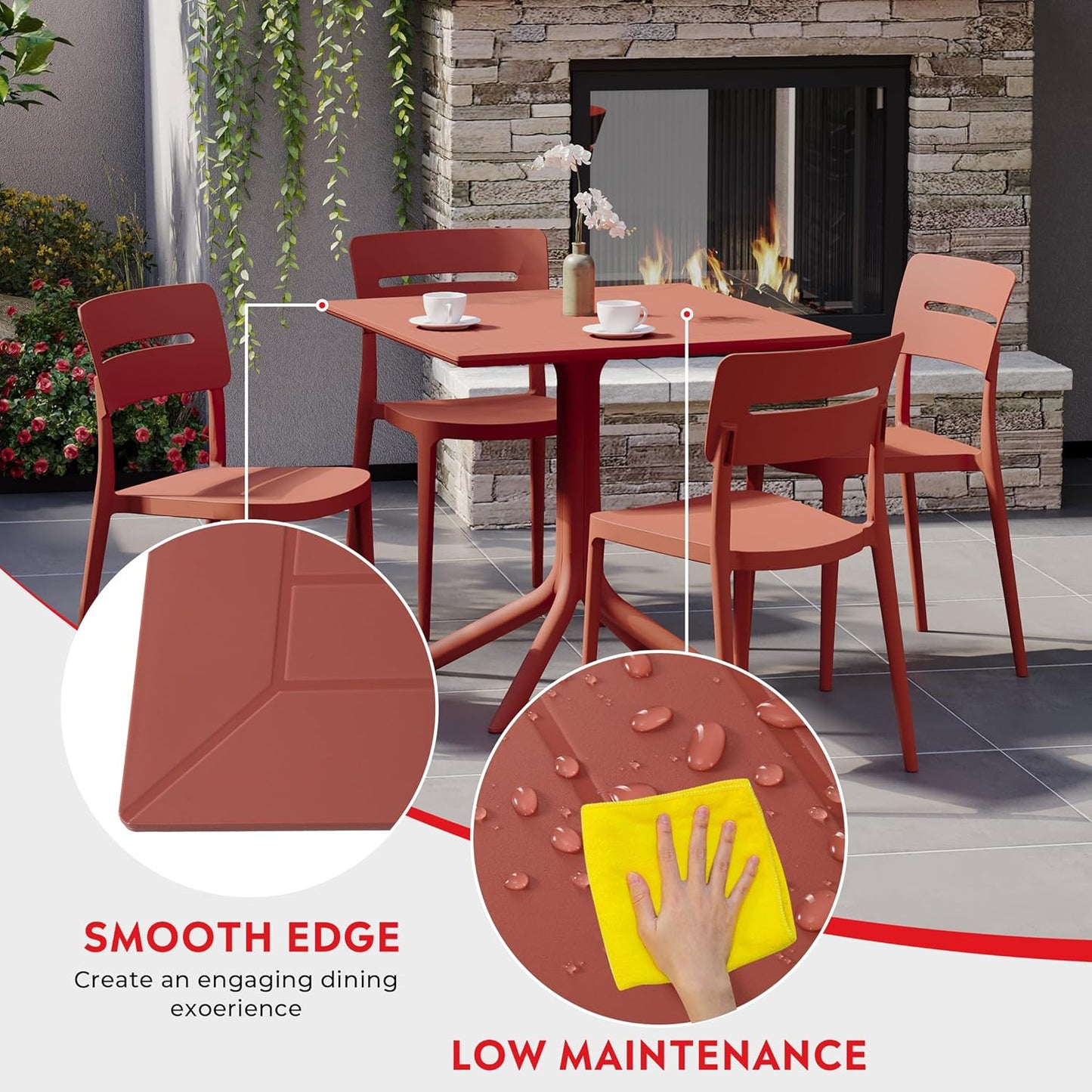 5 Piece Patio Furniture Set, HDPE Patio Square Bistro Table and Stackable Chairs Sets for 4, Outdoor Furniture All Weather for Backyard Poolside, Red