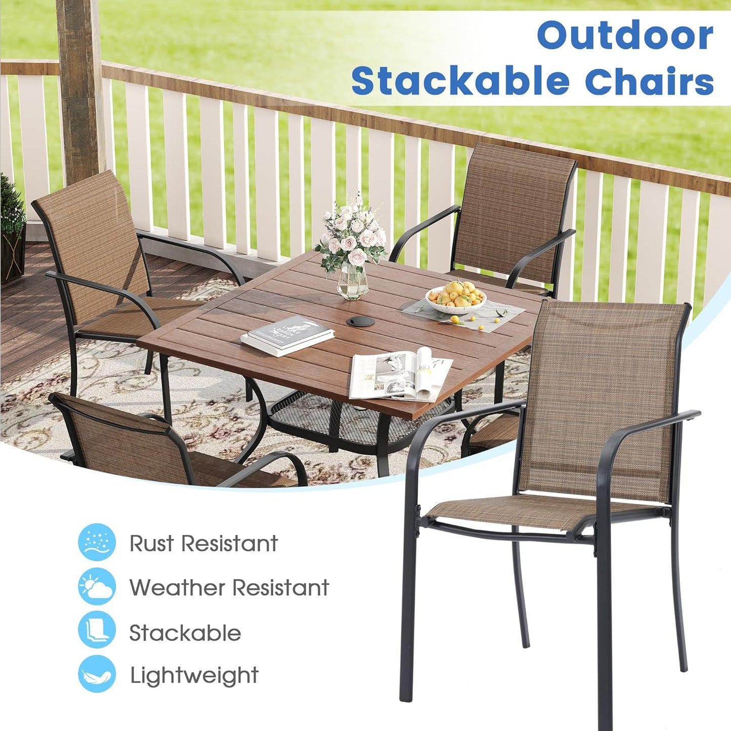 VICLLAX 11 Pieces Patio Dining Set for 10, Outdoor Furniture Set Includes 60" Round Outdoor Table and 10 Lawn Stackable Chairs, Walnut Wood-Like Tabletop and Brown Fabric