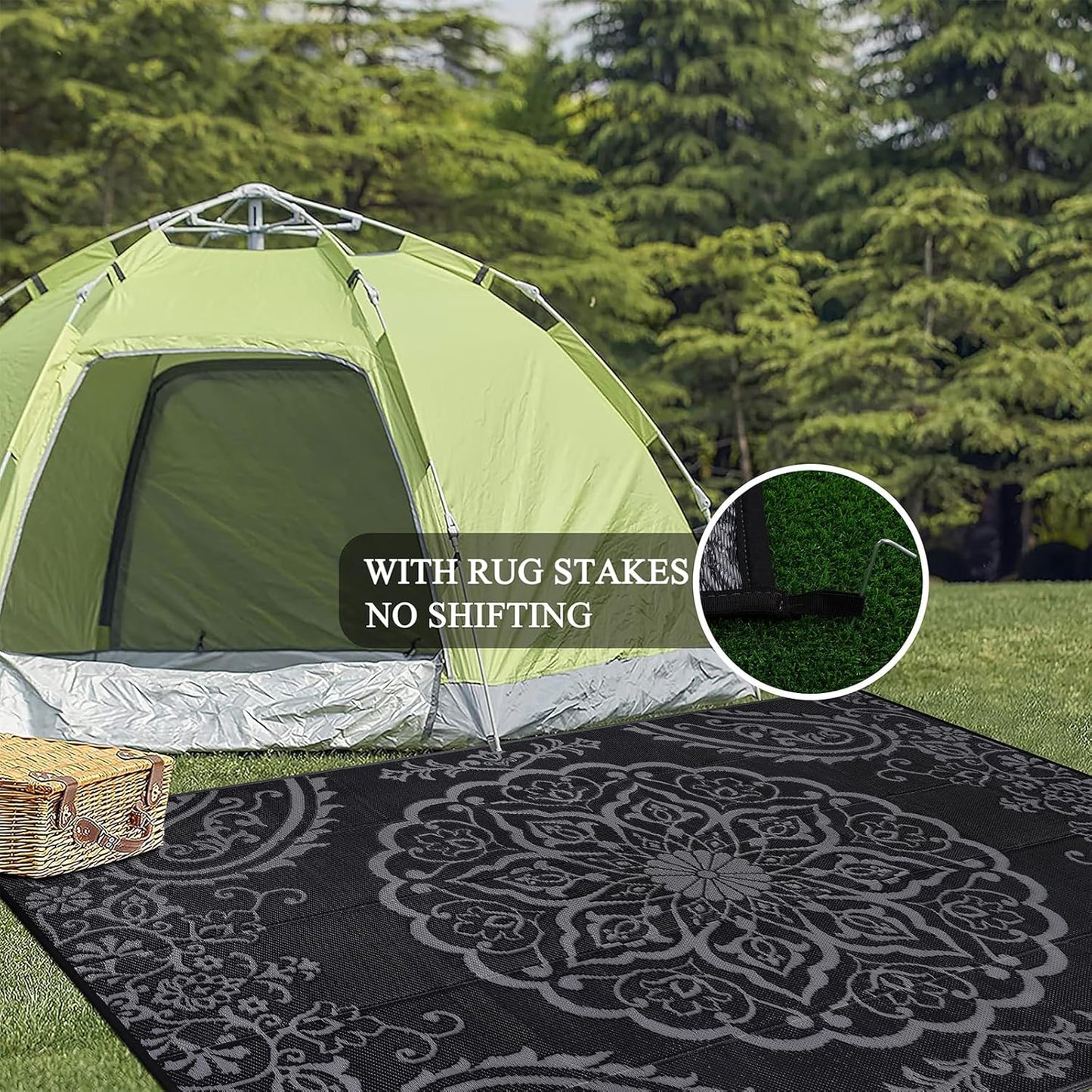 Pauwer Waterproof Outdoor Rug 8x10, Reversible Plastic Straw Patio Camping Rug, Indoor Outdoor RV Mat Carpet for Deck, Camper, Porch, Balcony, Backyard, Picnic, Boho Black Grey