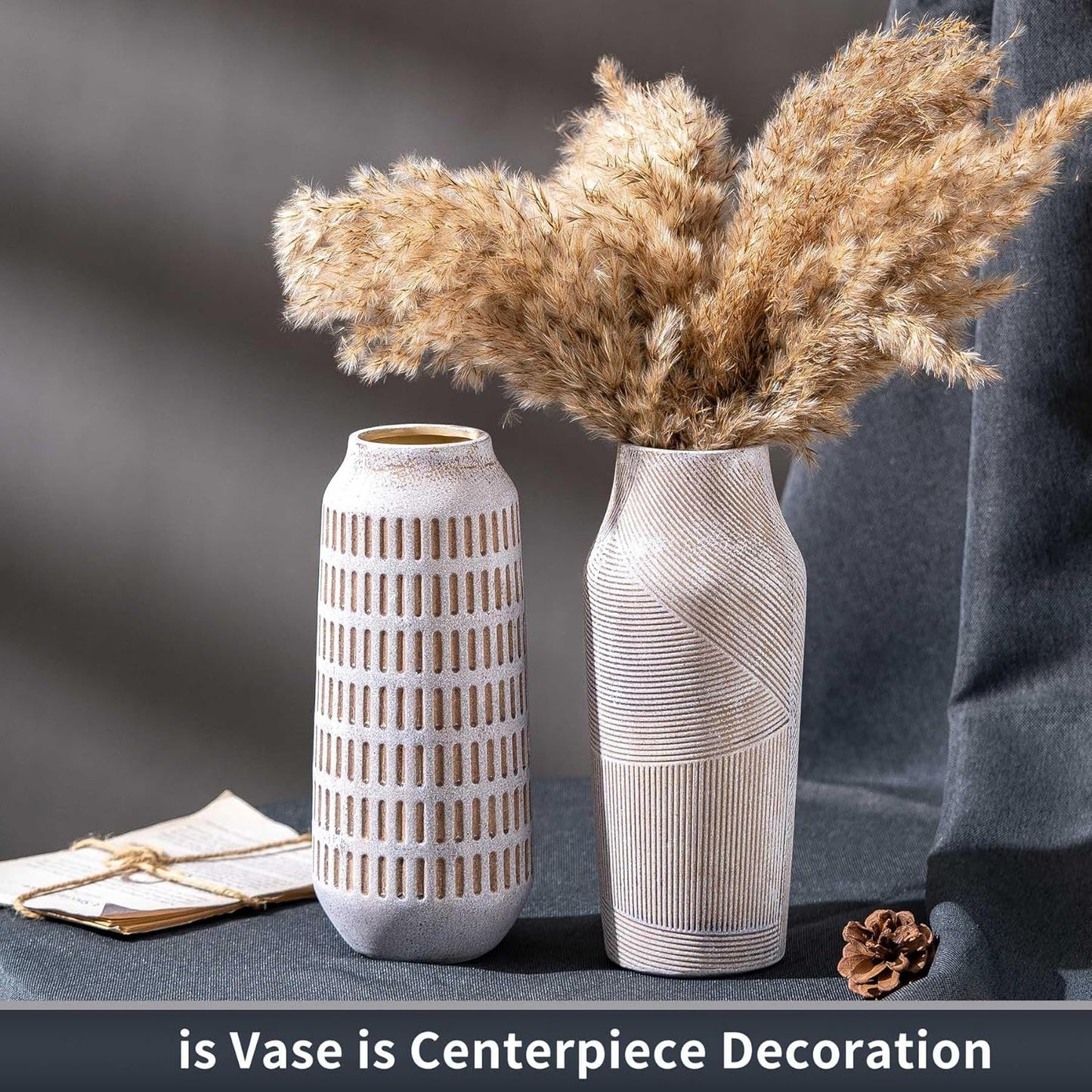 Vintage Ceramic Flower Vase, Terracotta Farmhouse Decorative Rustic Stone Clay Floral Vase, Concrete Grey Home Decor for Living Room, Entryway, Kitchen, Bedroom, Bathroom and Shelf 9.6 Inch