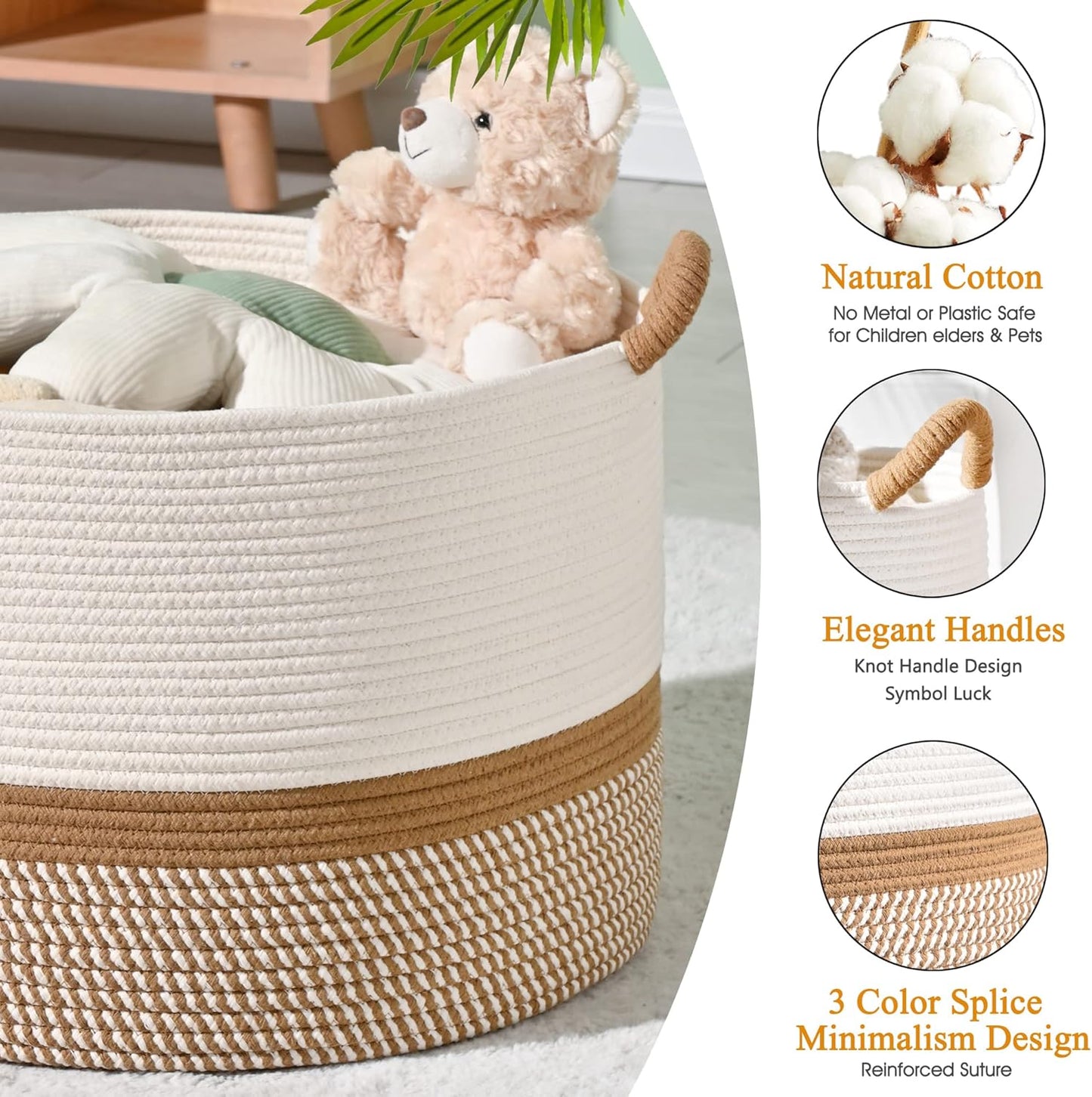KAKAMAY Large Blanket Basket (20"x13"),Woven Baskets for storage Baby Laundry Hamper, Cotton Rope Blanket Basket for Living Room, Laundry, Nursery, Pillows, Baby Toy chest (White/Brown)