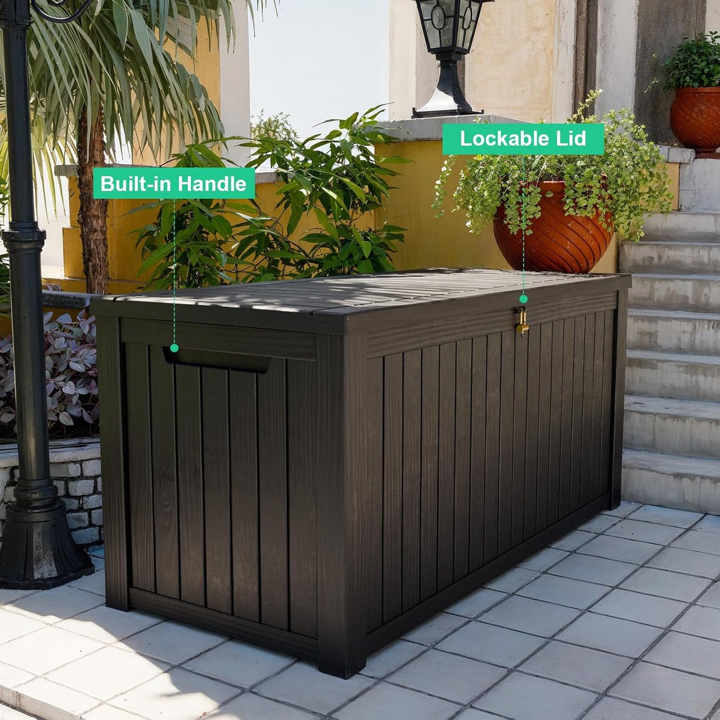 180 Gallon Outdoor Deck Box,Storage Lockable Waterproof Patio Furniture,Garden Tools,Cushions,Pool Accessories Outside Storage Resin Box(Black)