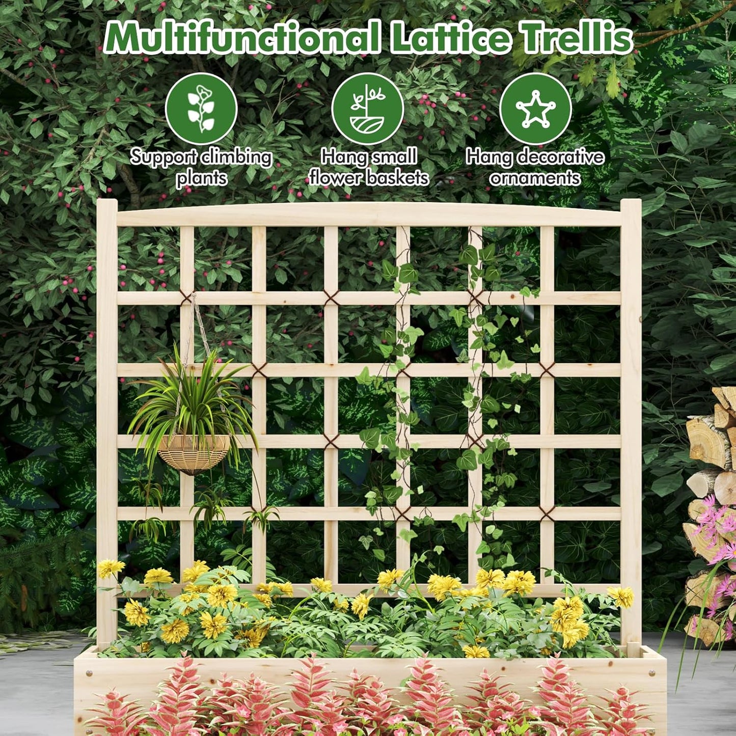 HAPPYGRILL 3-Tier Raised Garden Bed, Wooden Planter with Trellis & Open-Ended Base for Patio Yard Lawn, Outdoor Planter Boxes for Climbing Plants Vines Flower Herb Vegetable Fruit, 44” x 45” x 56”