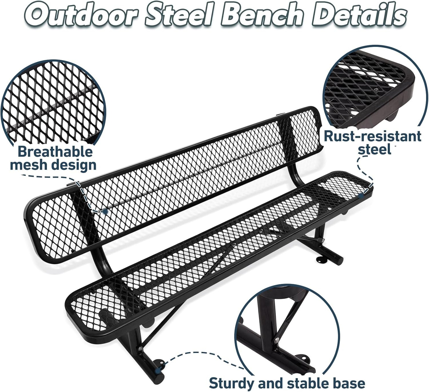 Heavy-Duty Park Bench or Table for Outside - Black Coated Outdoor Furniture Steel Bench, Commercial-Grade Outdoor Benches Weatherproof for Park, Patio, Porch (Black, 6FT (with Backrest))
