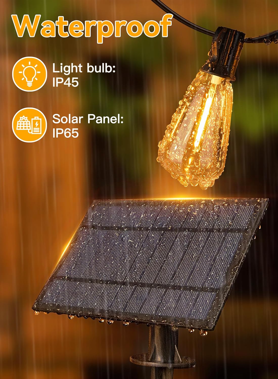 Ollny 15+1 LEDs ST38 Solar String Lights, 30 FT USB & Solar Dual Charging Outdoor String Lights, 3 Modes 5 Timers 10 Brightness 2200K Waterproof Patio Lights for Porch Garden Market Bistro Camping