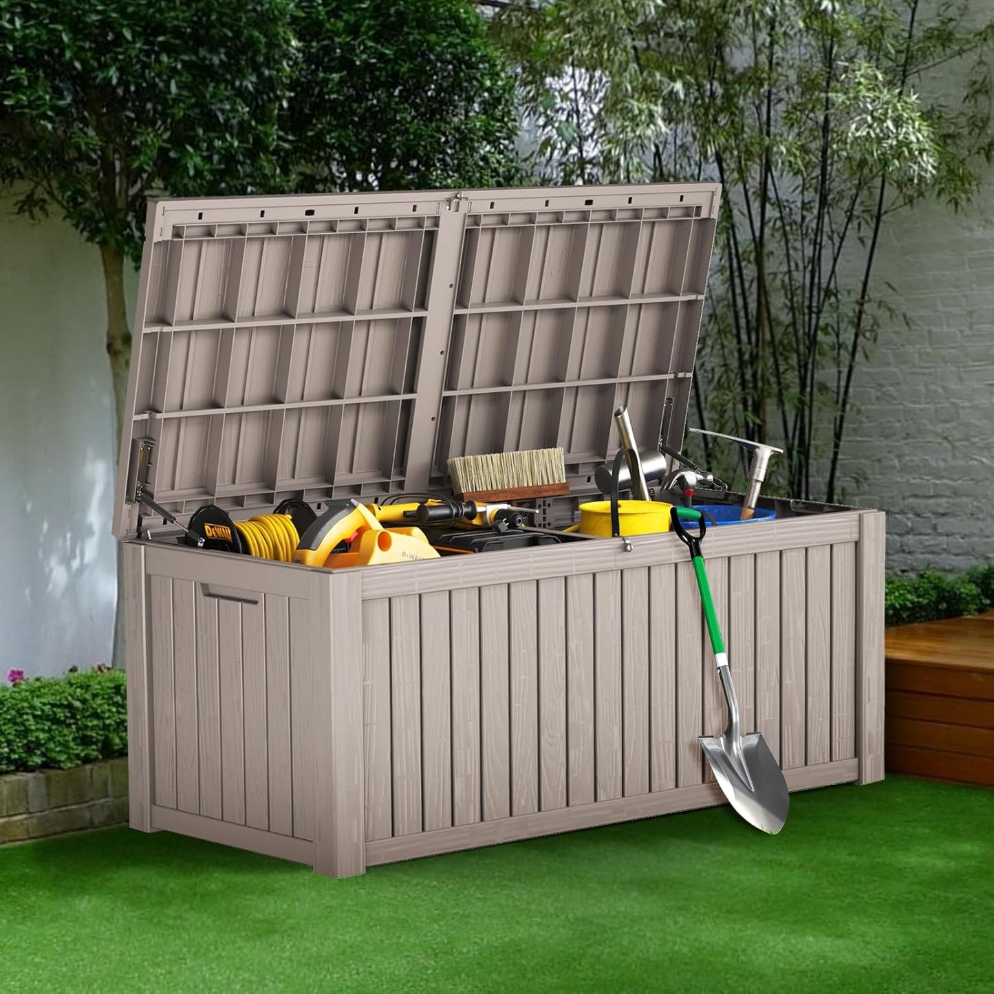152 Gallon Deck Box Waterproof, UV Resistant Resin Outdoor Storage Box with Hydraulic Rod, Lockable Design and Enhanced Durability for Patio, Garden, and Poolside Use