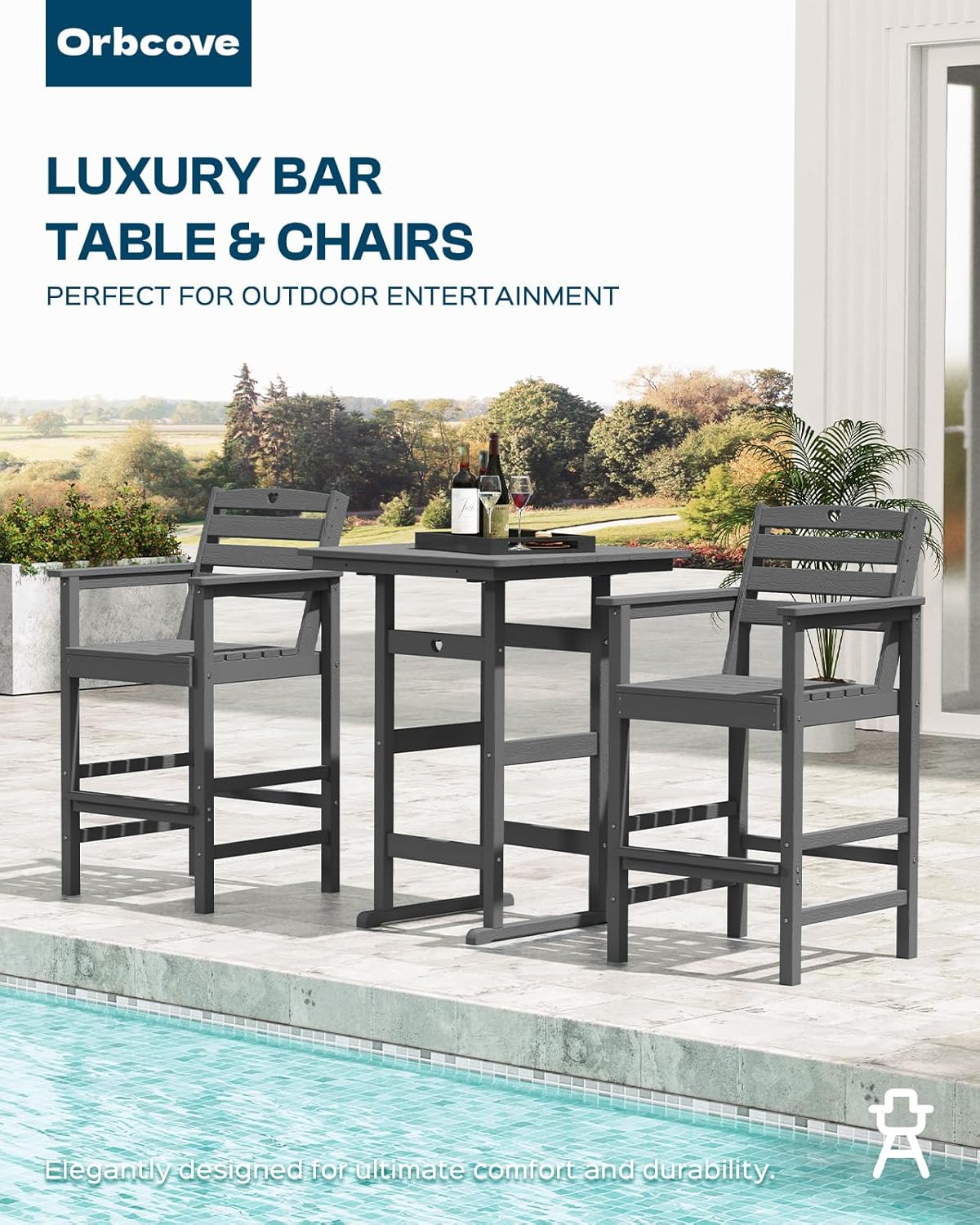 Tall Adirondack Chairs Set of 2, HDPE Wood Balcony Adirondack Chairs Set with Heart Cutout Design, Weather-Resistant Bar Height Furniture for Deck, Porch, Pool (Grey)