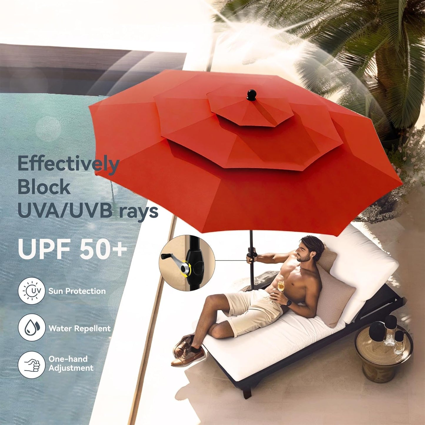 PHI VILLA Patio Table and Chairs Dining Set with Umbrella for 4, Outdoor Dining Set with 4 Swivel Patio Chairs, 1 Square Metal Dining Table and 10ft Orange Red Large Patio Umbrella (No Umbrella Base)