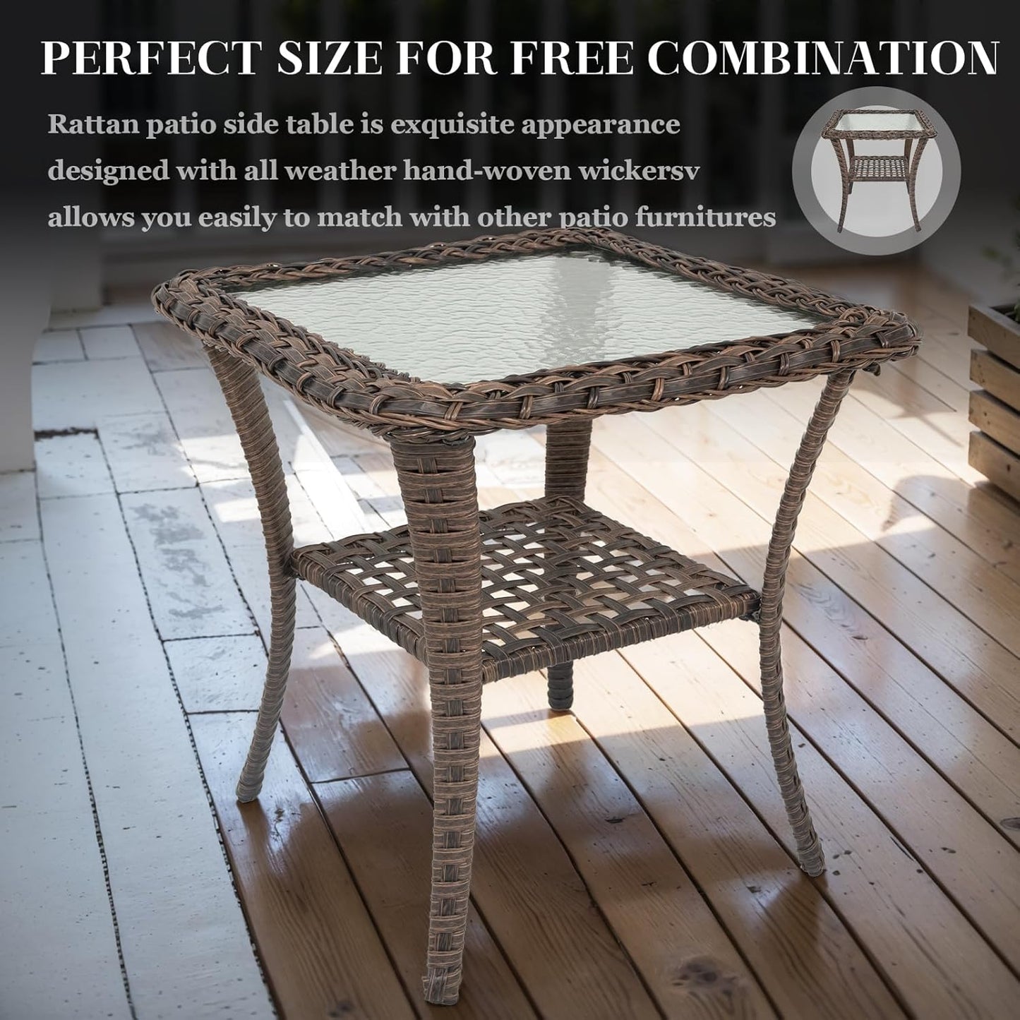 HUMMUH 5 Pieces Wicker Patio Furniture Set,Outdoor Swivel Gliders Rocker,Patio Ottomans,Glass Top Side Table,Outdoor Conversation Set for Porch Deck Backyard Poolside