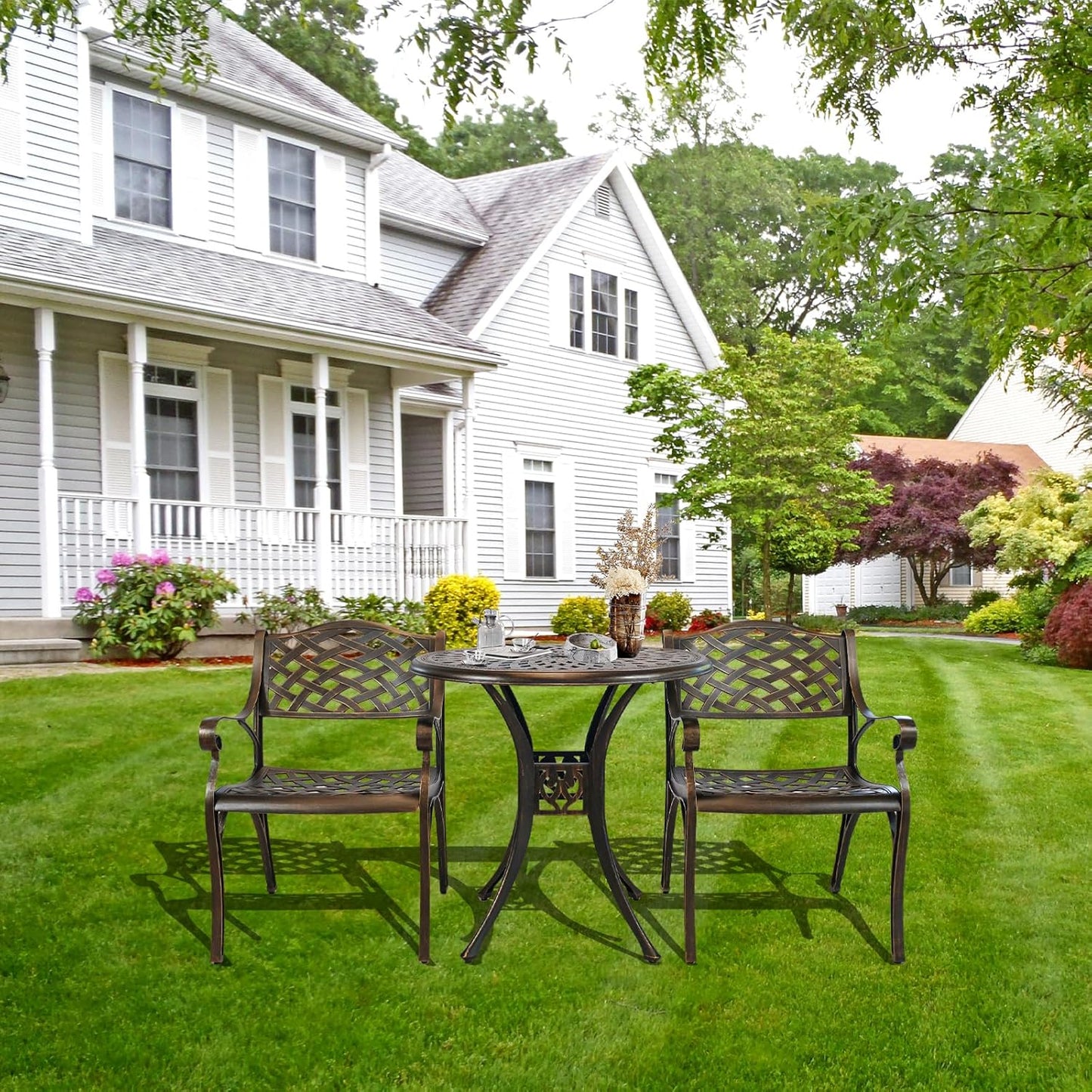 30.31" Outdoor Table and Chairs, Patio Table Set with 2.36" Umbrella Hole, Anti-Resistant Outdoor Dinning Set, Cast Aluminum Patio Furniture Set for Garden, Porch, Deck