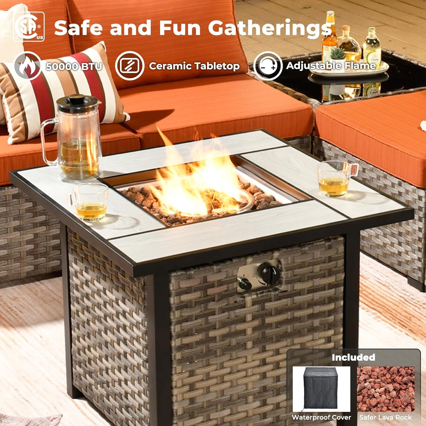 ovios 10 Pieces Patio Furniture Set, Outdoor Wicker Sectional Sofa with 30" Fire Pit Table Swivel Chairs, Modern Modular Deep Seat Rattan Couch Conversation Sets, Orange Red
