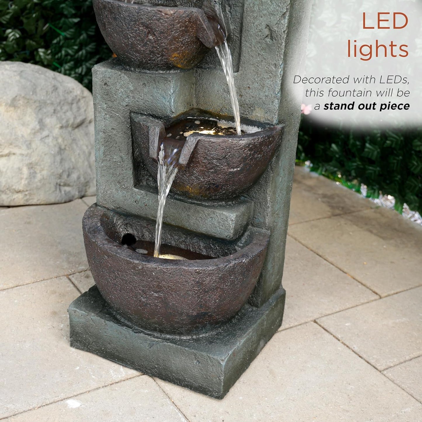 Alpine Corporation TZL390 Elegant Outdoor 5 Tier Bowls Waterfall Fountain with LED Lights for Garden, Patio, Yard, and Outdoor Spaces, Relaxing Cascading Fountain, 39" H, Gray