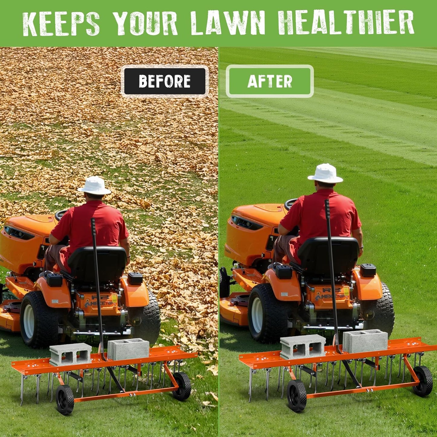 48" Tow-Behind Dethatcher with 24 Spring Steel Tines, Pull Behind Lawn Tractor Mower Grass Rake for Yard, Garden, and Farm Care – Removes Thatch, Leaves, and Pine Needles-Orange