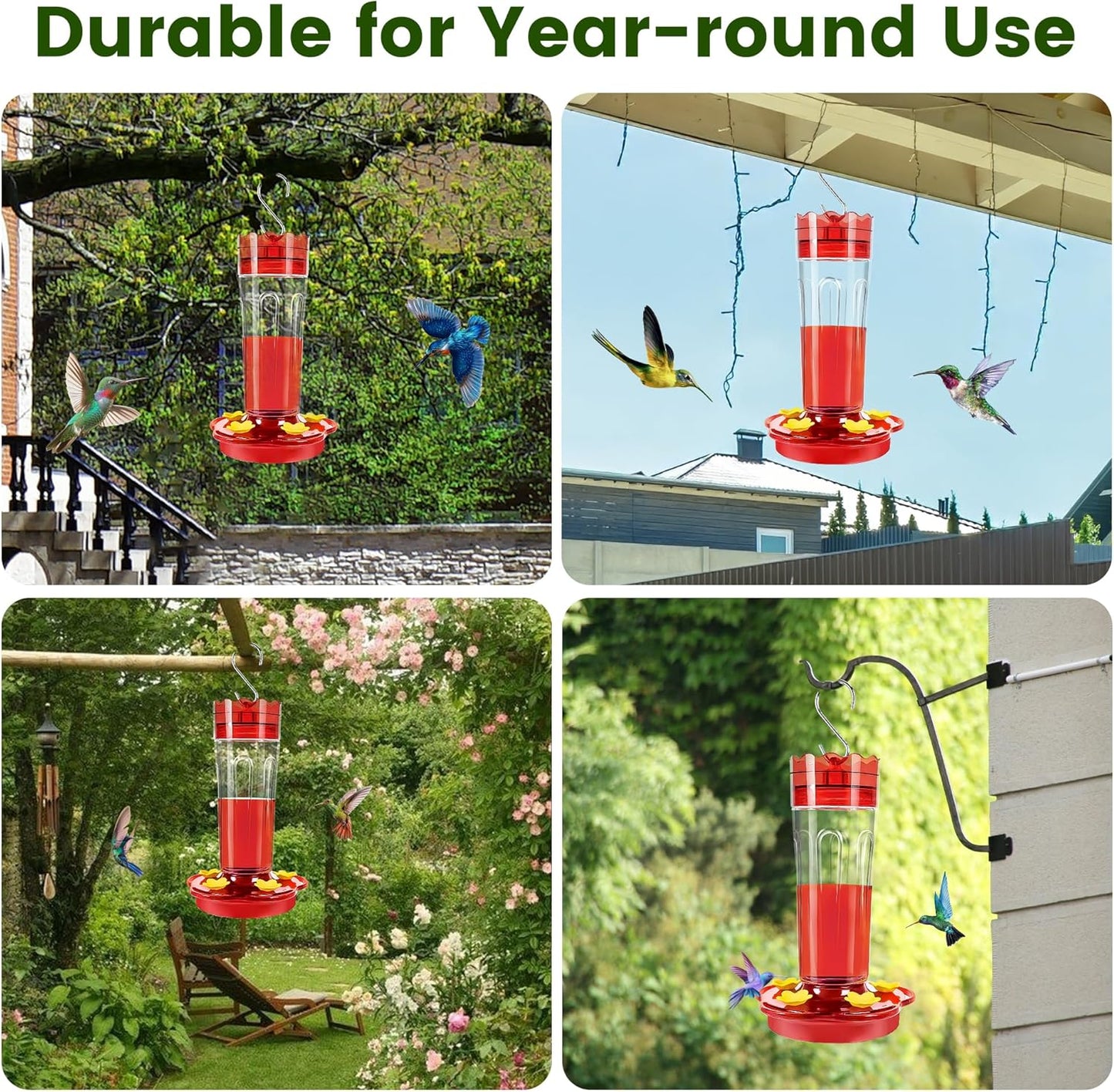 Plastic Hummingbird Feeders for Outdoors Hanging Ant and Bee Proof, 1 Pack 15 Ounces Red Hummingbird Feeder with 5 Feeding Ports and Perches, Built-in Ant Moat, Outside Garden Décor (Plastic, 1)