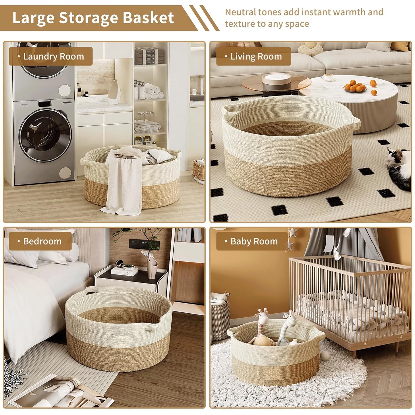 125L Extra Large Blanket Basket, 25" x 16", Jumbo Laundry Woven Baskets Decorative Home, Cotton Rope Basket with Handles, Baby Toy Baskets for Storage, White & Brown
