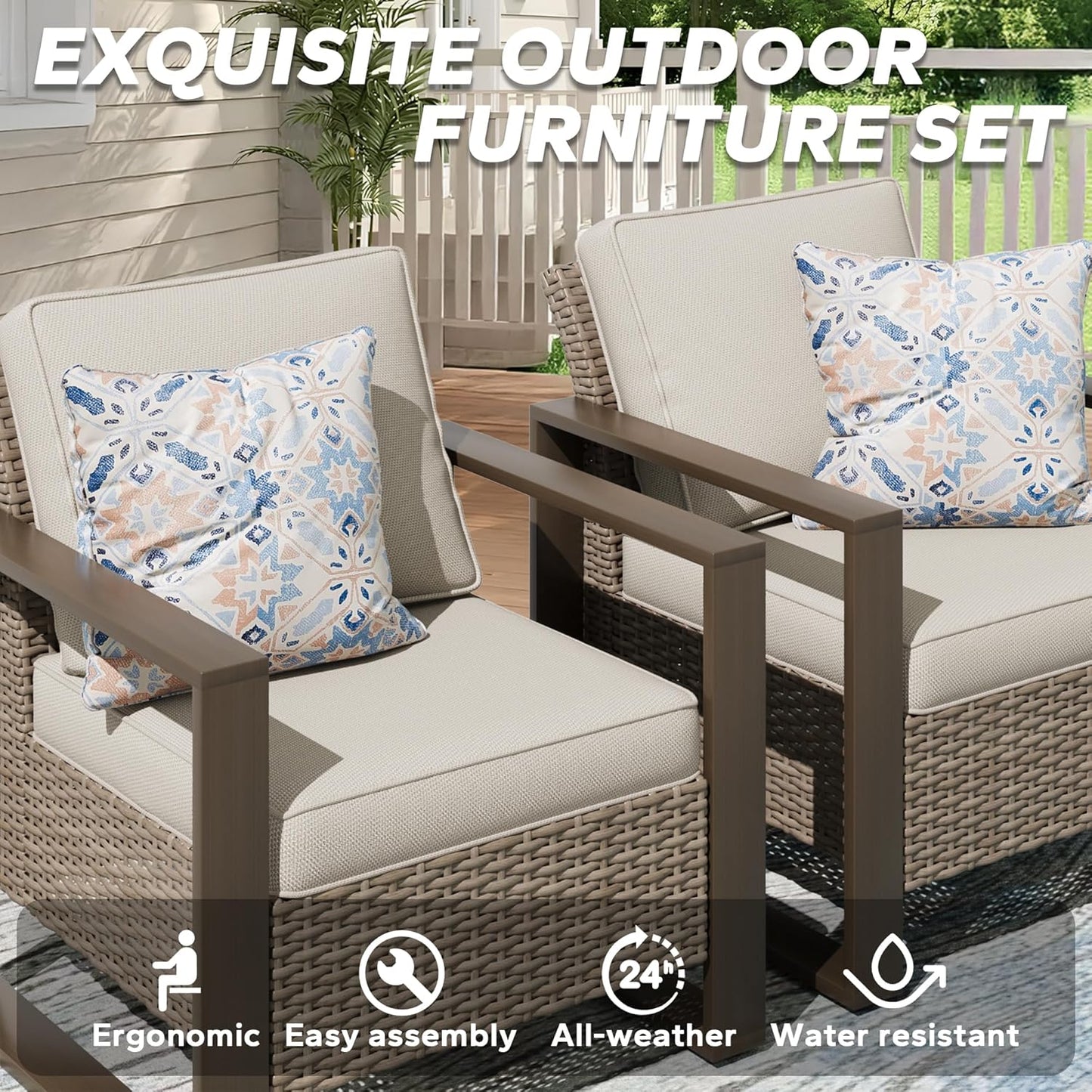 Outdoor Wicker Metal Chairs Set of 2 with Matching Side Table - 3 Pieces Patio Bistro Set with Removable Olefin Fabric Cushions & Rectangular Framed Wood-Looking Metal Armrest, Beige