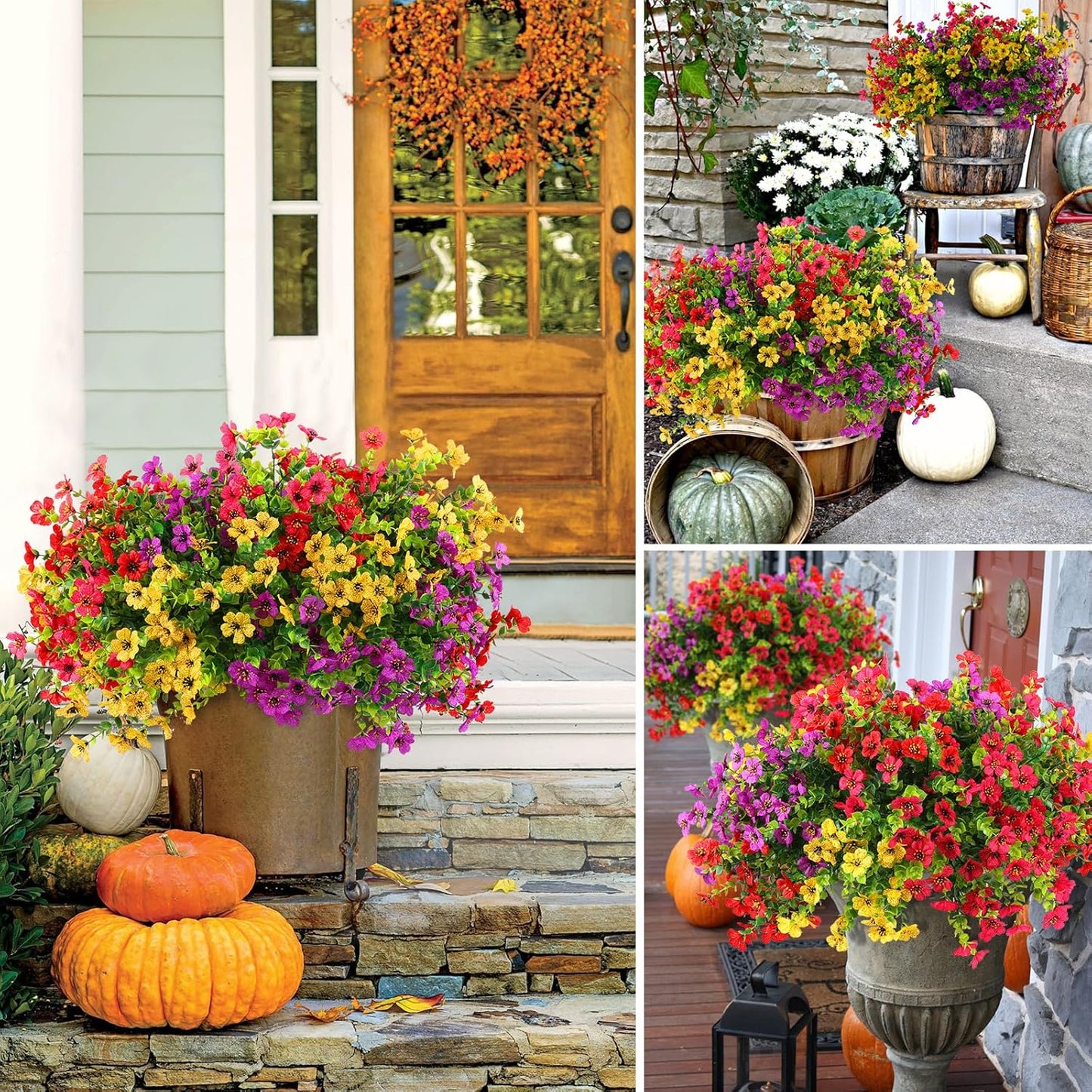 18 Pcs Artificial Flowers for Outdoors UV Resistant Fake Flower Plastic Spring Flowers Faux Silk Plants for Outside Porch Window Easter Patio Home Decor (18, Red, Purple, Yellow, Rose Red)