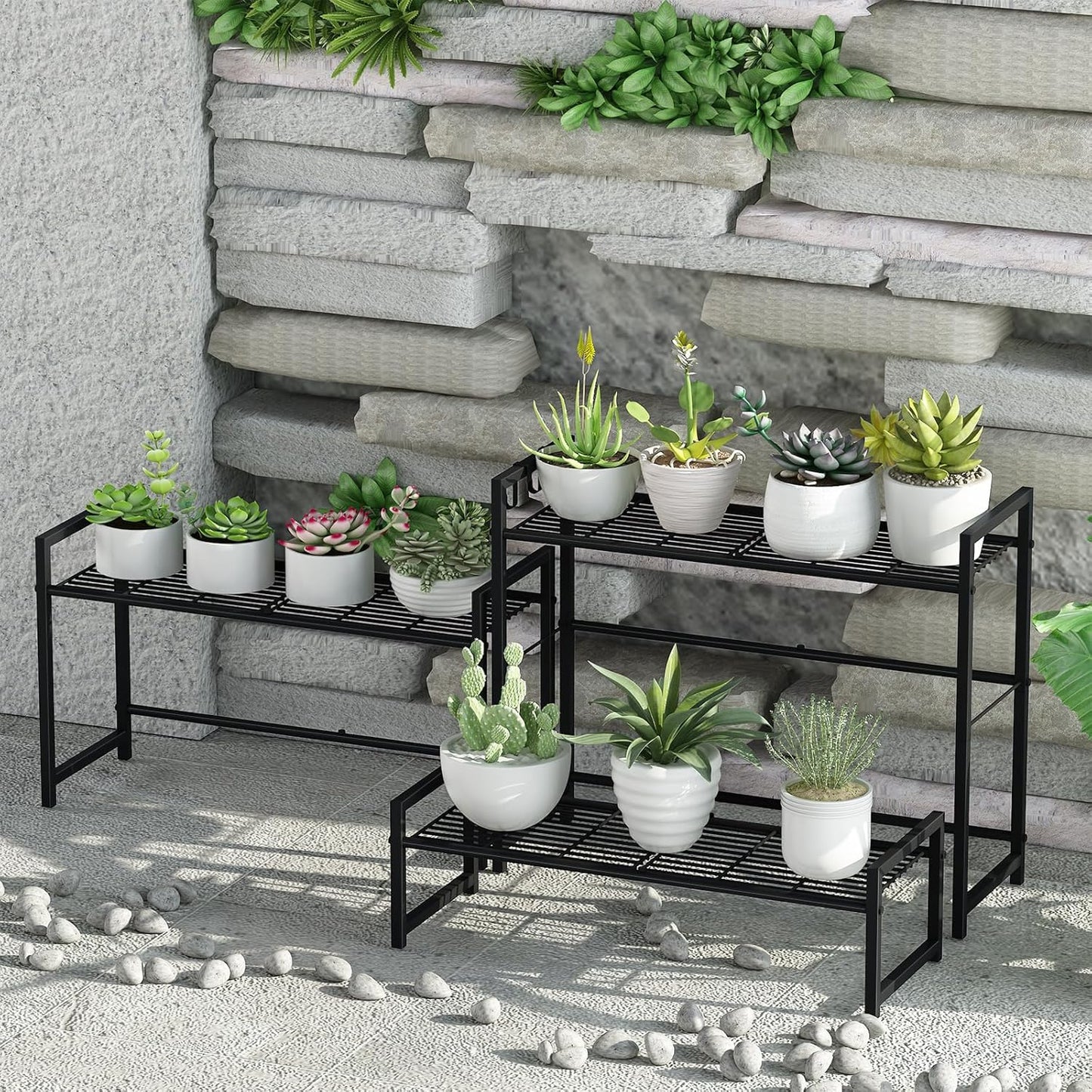 Garden 4 you 3 Tier Metal Plant Stand Outdoor Indoor Waterproof, Stackable Heavy Duty Tall Plant Shelf Flower Pot Holder for Garden, Display Rack, Black