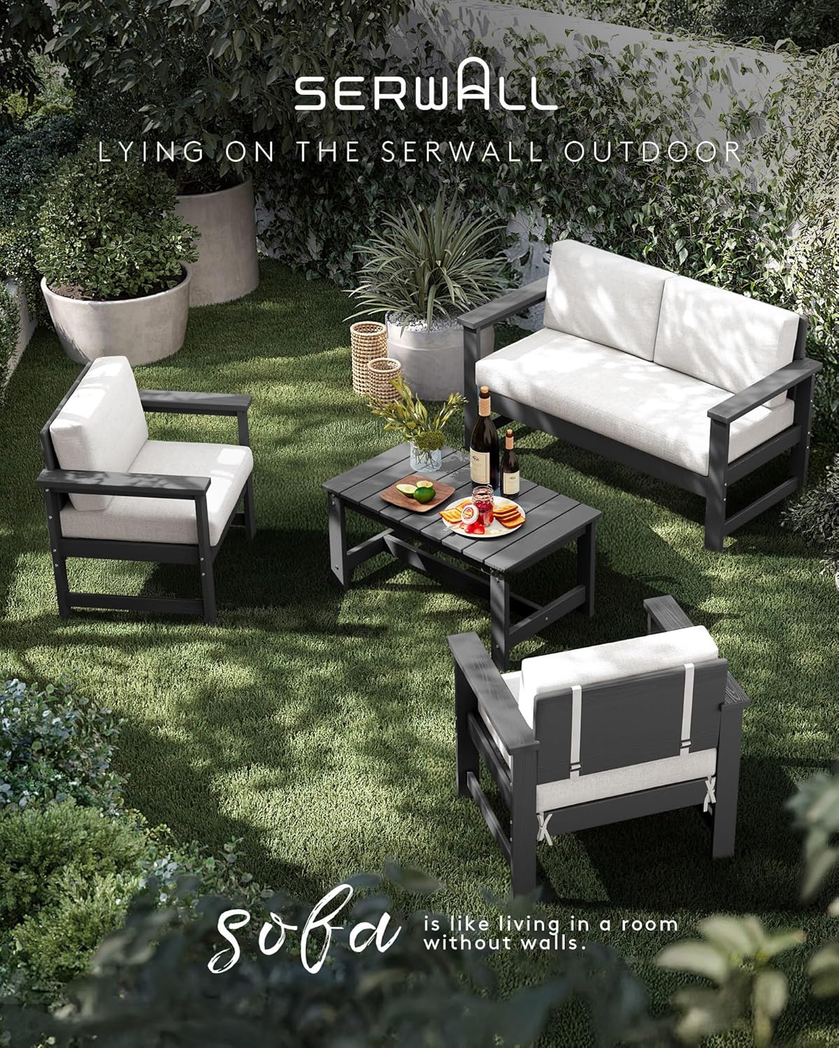 SERWALL 8 Pieces HDPE Outdoor Conversation Sofa Set with Cushions, All Weather Use Couch Loveseat Furniture Set with Pads, Outdoor Social Sofa Coffee Table Set, Grey Frame with Khaki Cushions