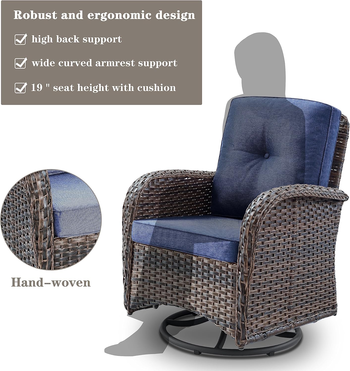 Small Conversation Sets Patio Funiture - 5 Piece Outdoor Swivel Rocker Wicker Furniture Sets with Ottomans Side Table Perfect for Patio Deck Backyard, Brown Wicker Blue Cushion