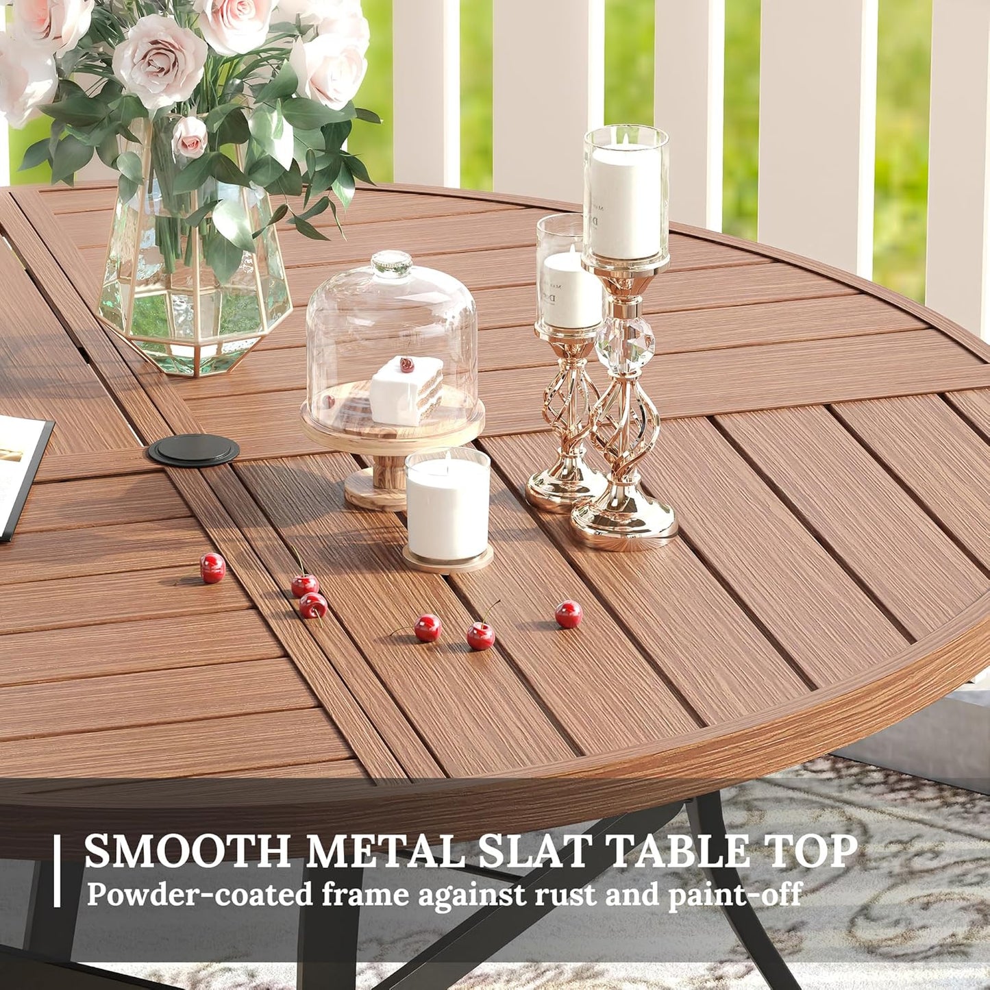 VICLLAX Round Patio Table with Adjustable Umbrella Hole for 6, All Weather Metal Outdoor Dining Table for Lawn Garden, 50" Outdoor Coffee Table, Walnut Wood-Like Tabletop