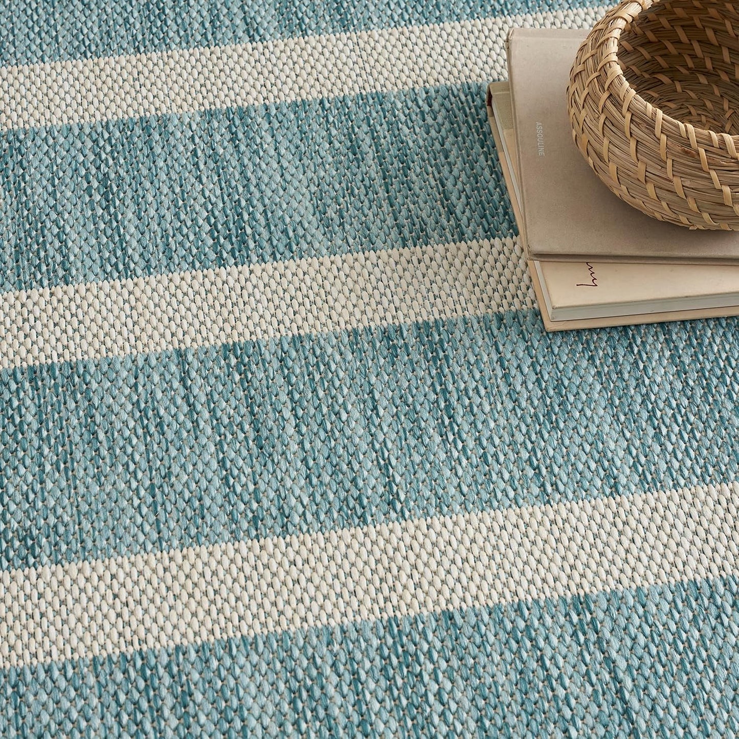 Nourison Home Positano Indoor/Outdoor Aqua Ivory 5' x 7' Area Rug, Easy Cleaning, Non Shedding, Bed Room, Living Room, Dining Room, Deck, Backyard, Patio (5x7)
