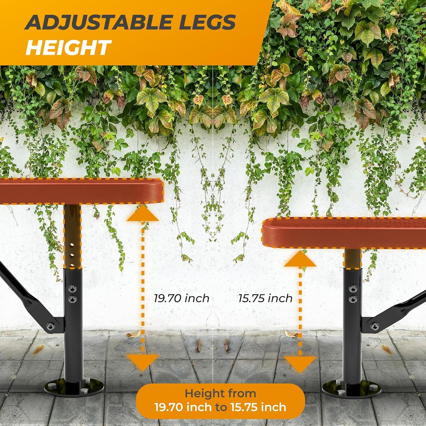 Heavy-Duty Outdoor Metal Bench, Thermoplastic-Coated, Surface, Weatherproof, Commercial-Grade for Parks, Gardens, Patios, Stores & More (8 Ft - Surface, Red)