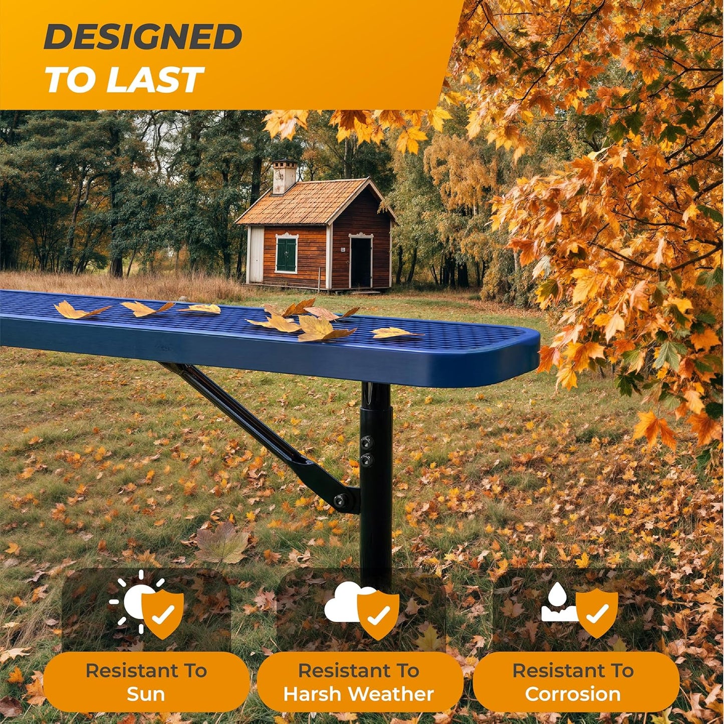 Heavy-Duty Outdoor Metal Bench, Thermoplastic-Coated, Inground, Weatherproof, Commercial-Grade for Parks, Gardens, Patios, Stores & More (8 Ft - Inground, Blue)