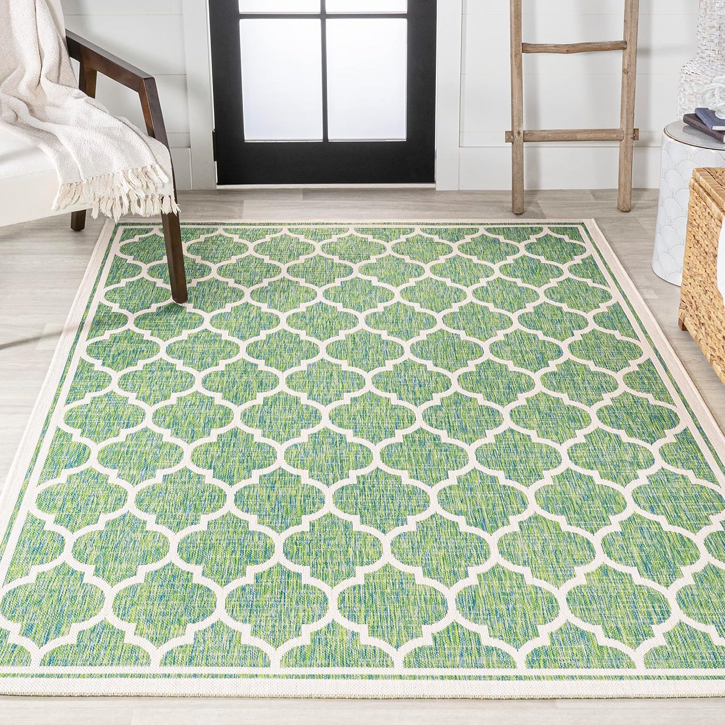 Eyely BMS109I-4 Santa Monica Trebol Moroccan Trellis Textured Weave Indoor/Outdoor Area Rug Coastal;Bohemian, Bedroom, Backyard, Patio, Easy-Cleaning, Non-Shedding, 4 X 6, Cream/Green