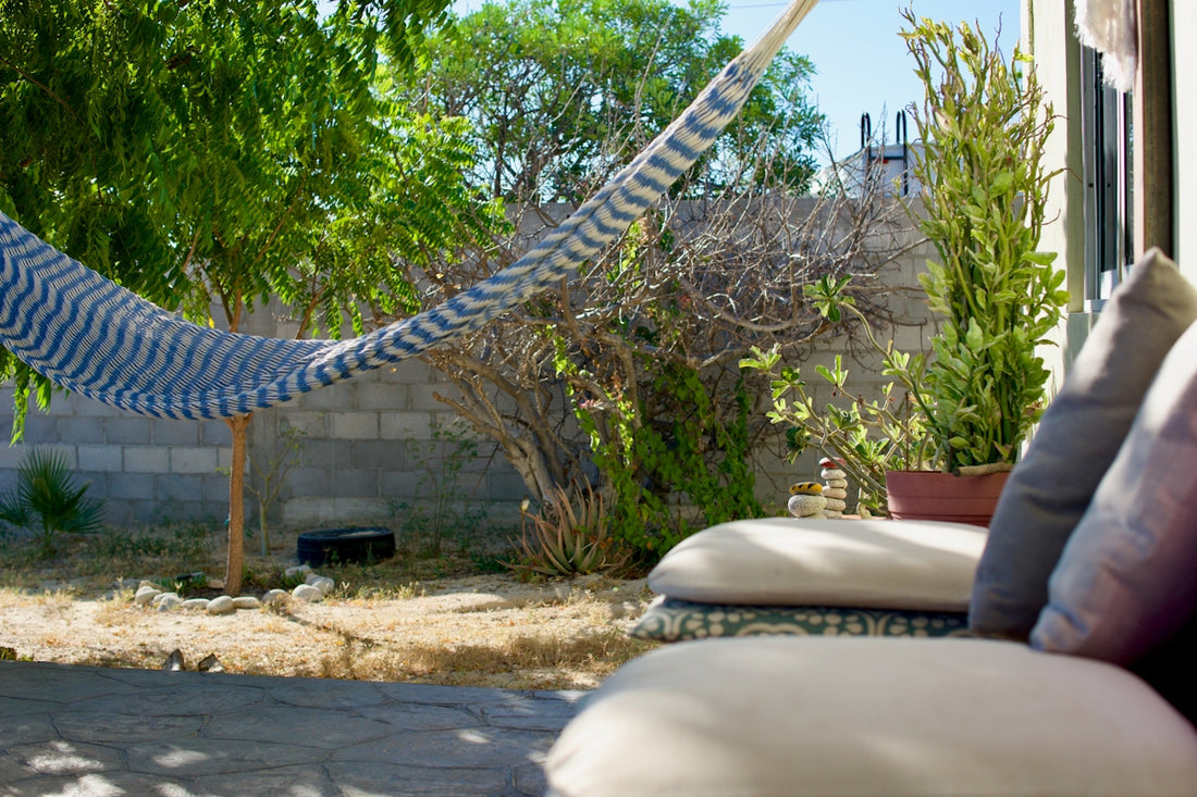 A hammock hangs in a sunny backyard with outdoor seating.
