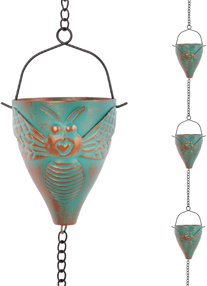 10 FT Rain Chain for Outside, Rain Chain with 10 Bee Pattern Cups Adjustable Rain Catcher Chain for Gutters, Eaves, Drainage, Replacement for Downpout
