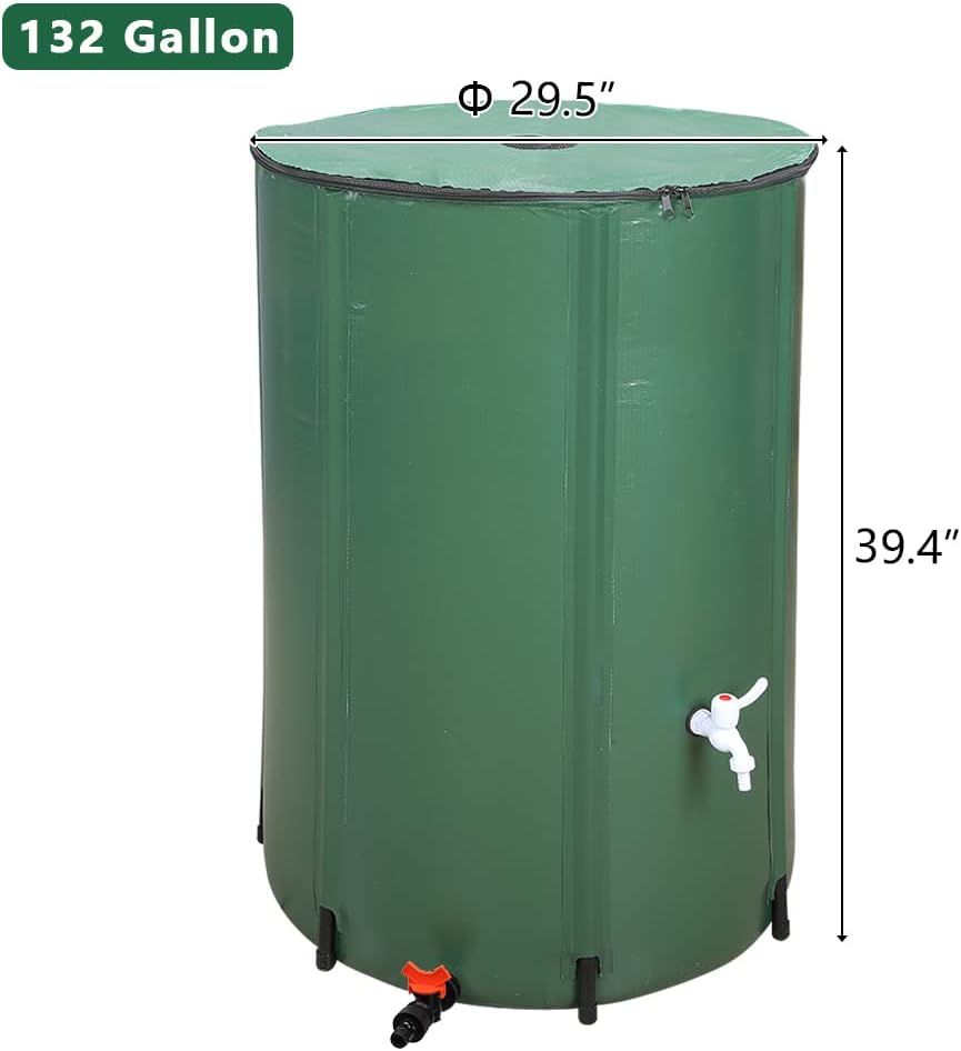 132 Gallon Collapsible Rain Barrel, Portable Rainwater Collection System, Water Storage Tank, Rain Catcher Barrel with Two Spigots and Overflow Kit, Rain Water Barrel Collector for Garden, Green