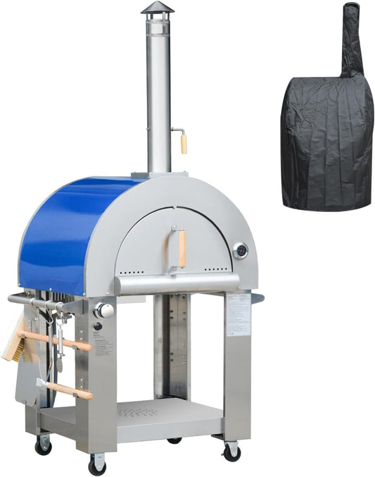 32.5 inch Propane Gas and Wood Fired Pizza Oven with Waterproof Cover, Large Stainless Steel Pizza Oven for Outdoor, Backyard and Party (Blue)