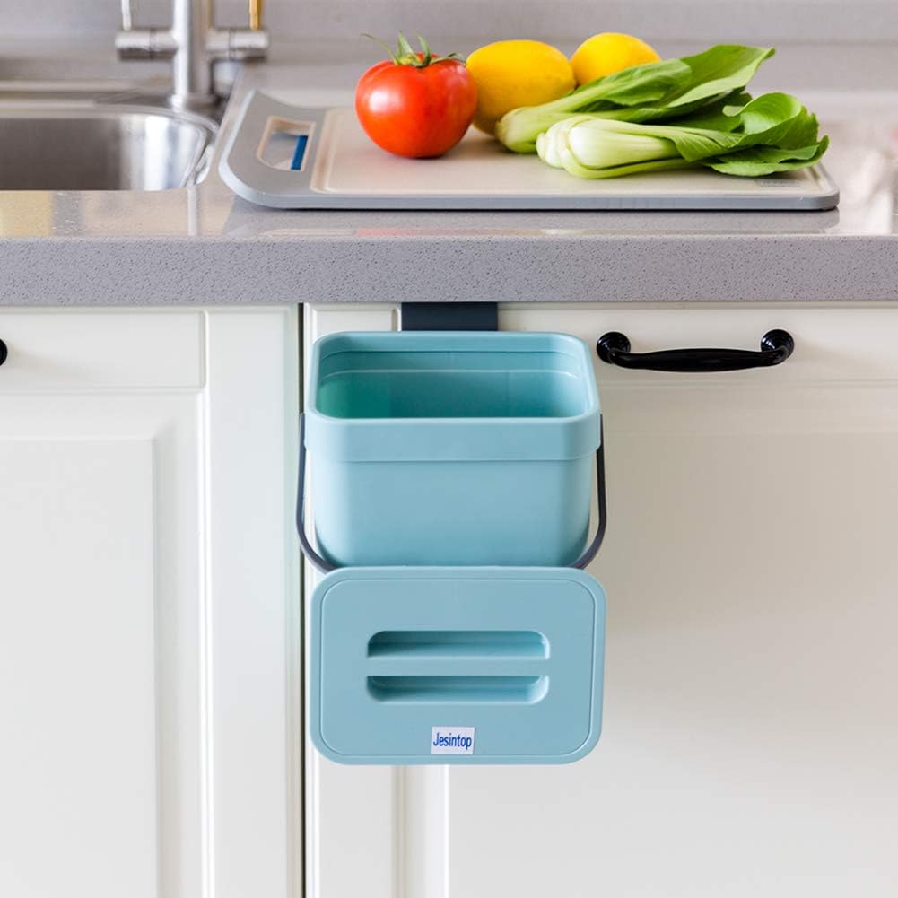 Kitchen Small Trash Can with Lid, Odorless Mini Trash Can,Kitchen Compost Bin, Plastic Hanging Waste Basket for RV/Office/Bedroom/Study/Refrigerator, 3L/0.8 Gal Series, Blue