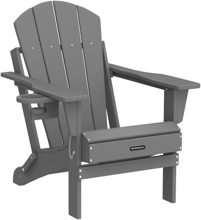 MUCHENGHY Folding Adirondack Chairs, Patio Chairs, Lawn Chairs, Outdoor Chair, Adirondack Chair Plastic, Fire Pit, Weather Resistant with Cup Holder for Deck, Backyard, Garden(Gray)