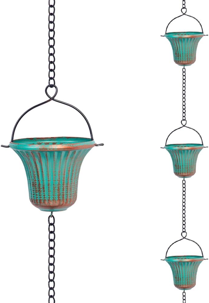 11ft Copper Rain Chains for Outside, 12 Cups Rain Catcher Chain Replacement Downspout for Gutters, Adjustable Length