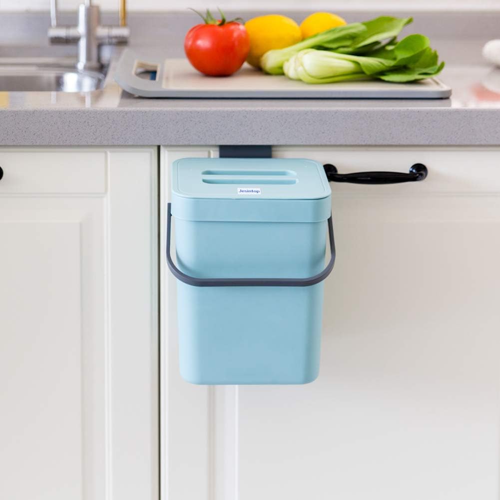 Kitchen Small Trash Can with Lid, Odorless Mini Trash Can,Kitchen Compost Bin, Plastic Hanging Waste Basket for RV/Office/Bedroom/Study/Refrigerator, 3L/0.8 Gal Series, Blue