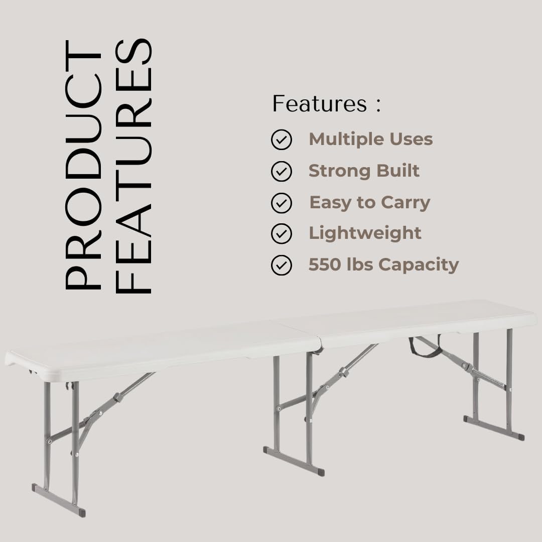 Plastic Folding Bench - Portable Bench Used for Indoor, Outdoor, Picnic, Party, Camping, Dining Seat, Garden Soccer Multipurpose Entertaining Activities, White (2, White, 6 Feet)