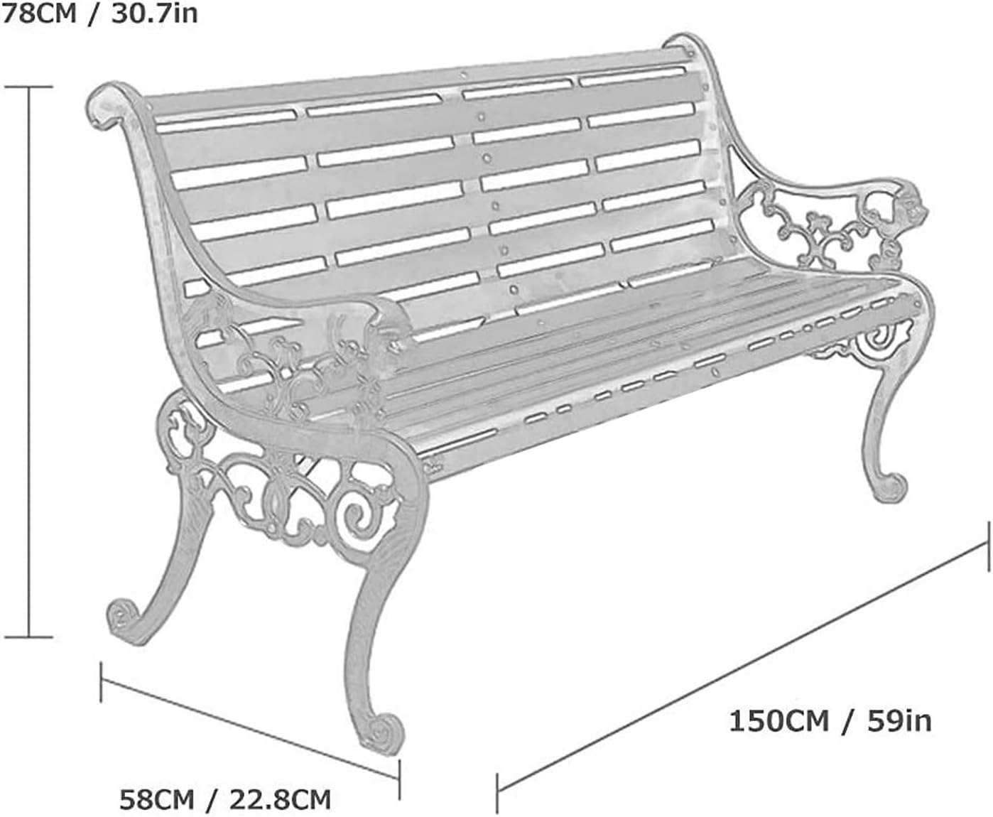 Garden Bench Outdoor Bar Hotel Patio Bench, Cast Iron Metal Frame Preservative Wood Patio Park Bench with Backrest and Armrests, for Porch, Lawn, Garden, Yard(Teak+Black Legs)