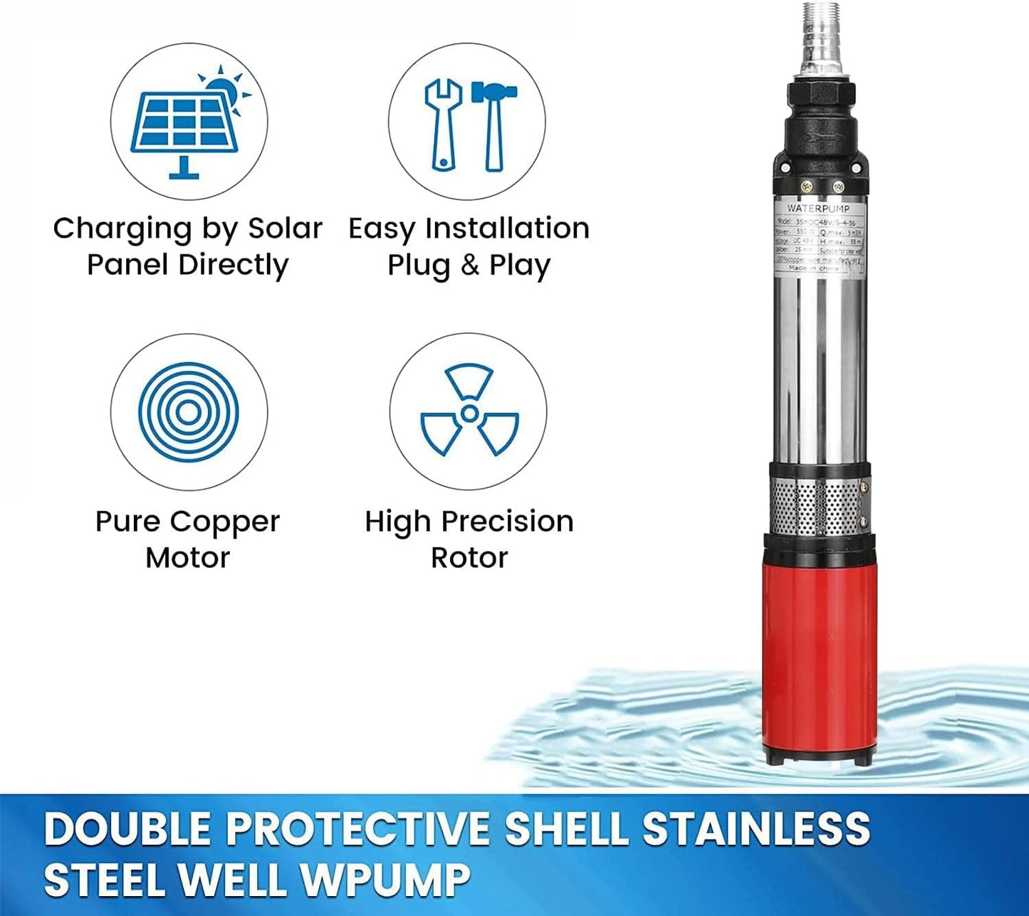 12 V DC Submersible Pump 250 W Submersible Pump for Deep Well 25 m 4000 L/H Deep Well Pump 3 Inch Submersible Water Pump Made of Stainless Steel 1 in Output Used for Irrigation in the