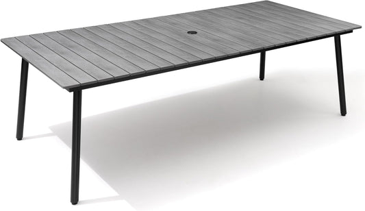Outdoor Dining Table for 8-10, 94.5 inch Patio Dining Table with Wooden-Like Top and Aluminum Frame, Rectangular Table with Umbrella Hole Outdoor Furniture, Grey