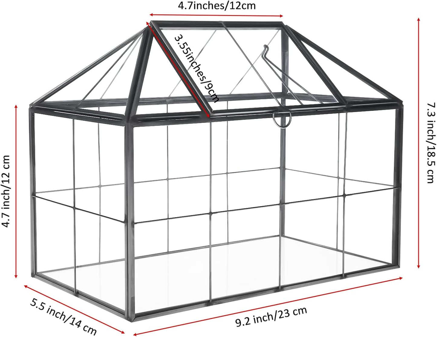 HighFree Geometric Terrarium Planter with Swing Lid, House Shape Black Handmade Glass Box, Vintage Tabletop Miniature Terrarium, for Succulent, Cacti, Air Plants (Not Watertight - 9.2x5.5x7.3 inch)